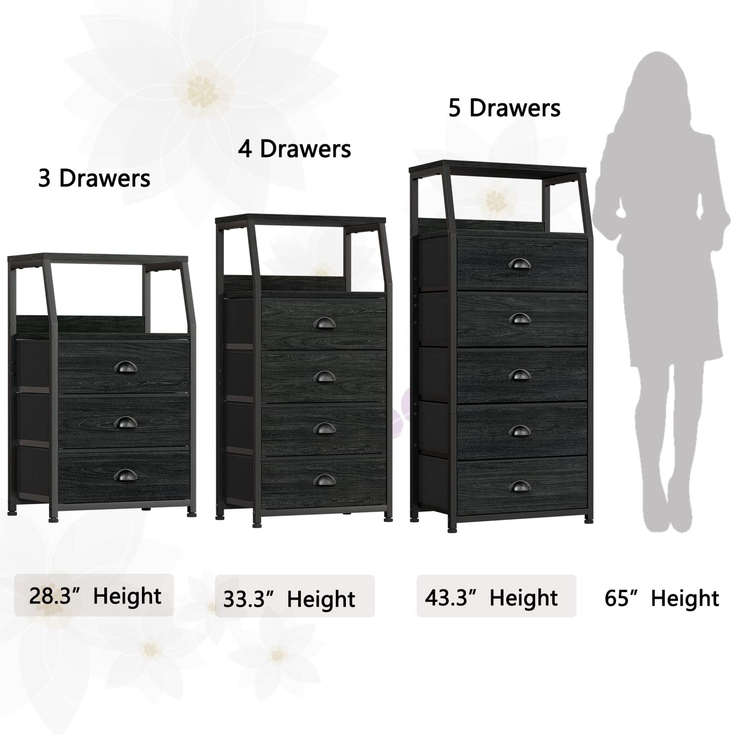 Furnulem Black Dresser with 5 Drawers, Vertical Storage Tower Fabric Dresser for Bedroom, Hallway, Entryway, Nursery, Closet Organizer, Nightstand Bedside Table Furniture, Sturdy Steel Frame, Wood Top