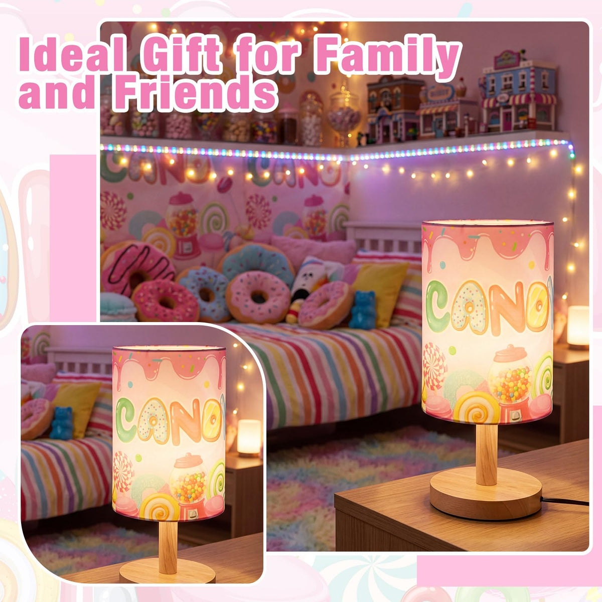 Tujoe Kids Table Lamp Candyland Theme Bedside Lamp with Fabric Shade, Cute Candy Lollipop Doughnut Nursery Night Light for Girls Boys Bedroom, Children's Reading Desk Lamps for Gift