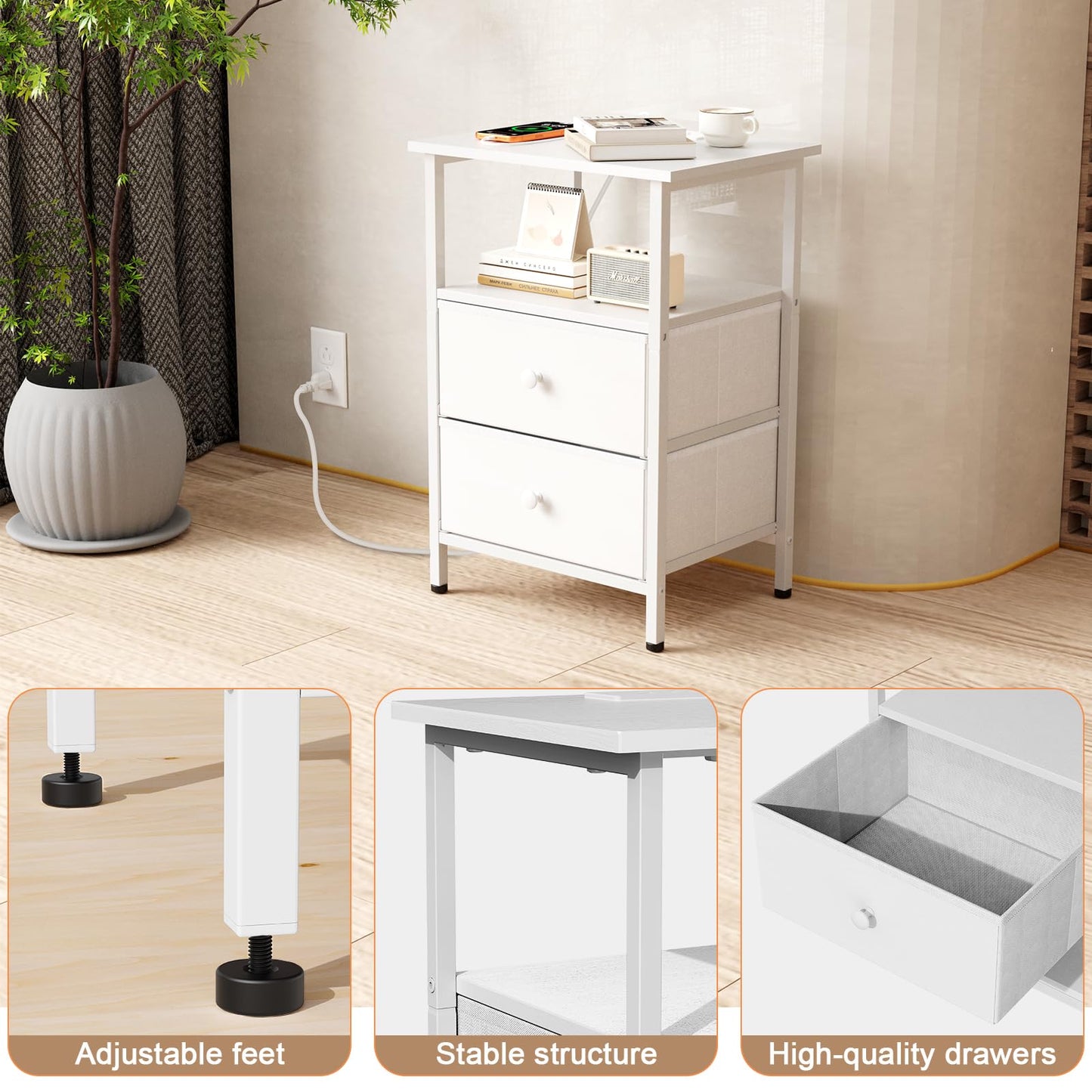 Smoproper Nightstand with Charging Station, Bedside End Table with 2 Fabric Drawers for Bedroom, Side Table with USB Ports and Outlets (White)