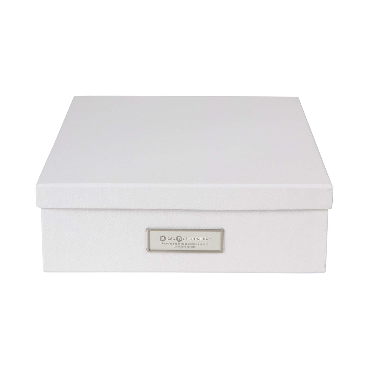 Bigso Oskar Fiberboard Label Frame Document Letter Box - File Organizer Box for Important Paperwork - Durable Document Storage with a Lid & Metal Label Window - 3.3 in x 10.2 in x 13.8 in - White