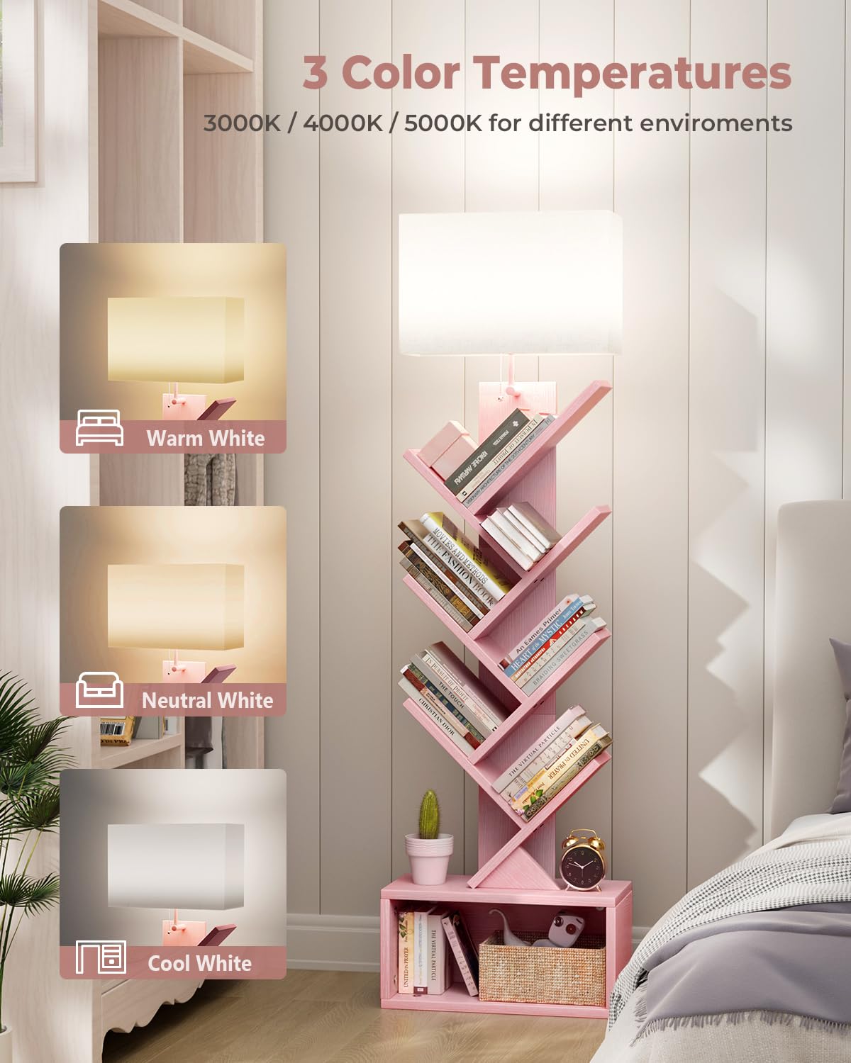 Evermagin 6 Tier Tree Bookshelf with Light, Narrow Bookcase Tower, Tall Floor Standing Book Shelf Organizer with Storage Cabinet for Living Room, Bedroom and Home Office, Pink