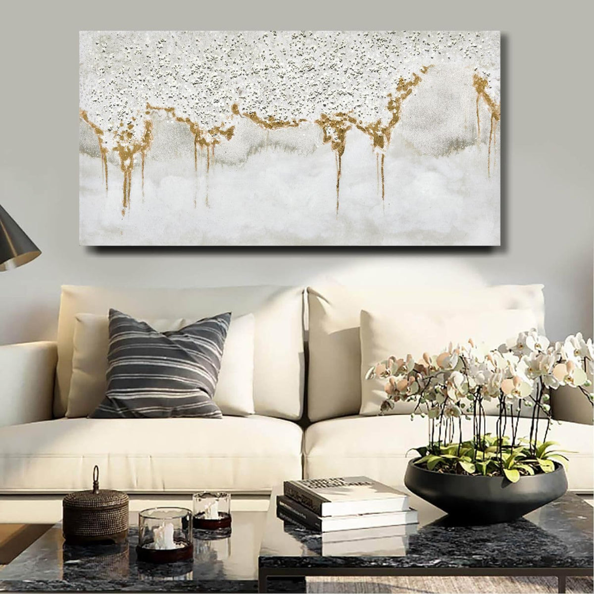 TRAIN2 ART Textured Abstract Glitter Artwork Canvas Wall Art, White Acrylic Painting and Gold Foil Oil Painting Wall Art on Canvas for Living Room Decor Gold and Gray (Gold, 24X48inch)