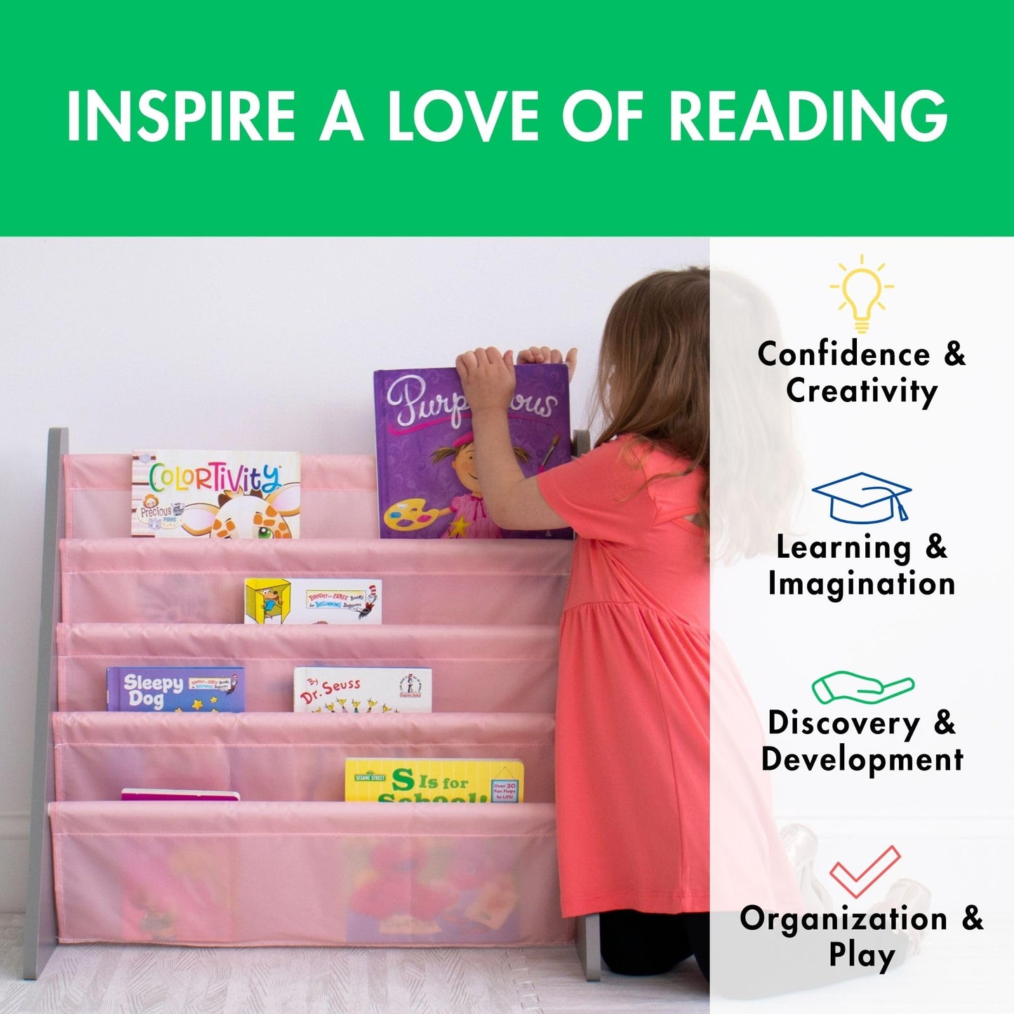 Humble Crew Kids Bookshelf, 4-Tier Front-Facing Book Display Organizer, Montessori Toddler Bookcase for Playroom, Bedroom & Reading Corner, Grey Wood/Pink