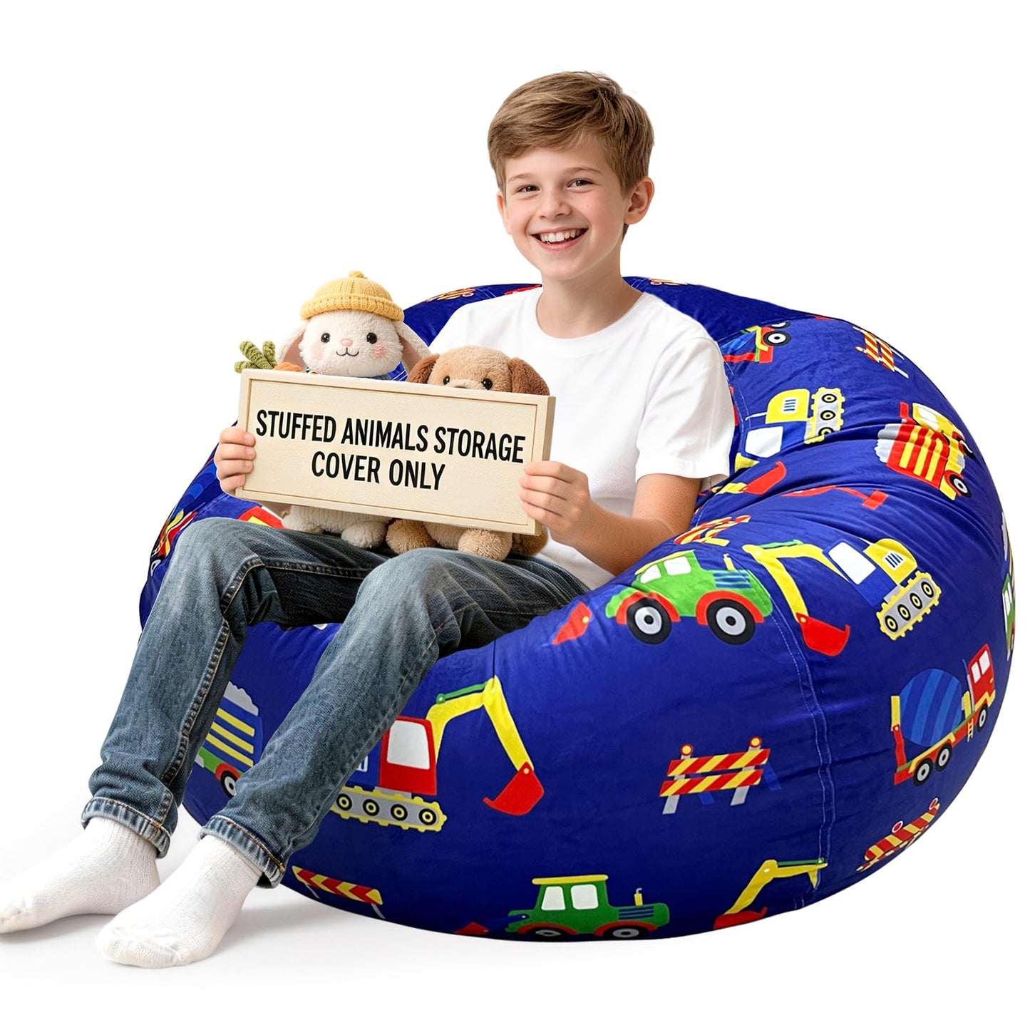 Lukeight Stuffed Animals Storage Bean Bag Chair Cover for Kids and Teens, Cozy Velvet Plush Toy Organizer Seat, Cover Only, No Filling Included, Long YKK Zipper, Side Pocket, XX-Large 36 x 20 in