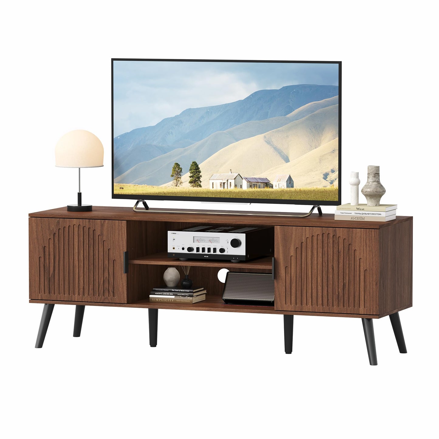 ChooChoo TV Stand for Living Room, Mid Century Modern TV Stand for 55/60 Inch TVs, Entertainment Center with Storage Cabinet and Open Shelves, TV Console Table Media Cabinet for Bedroom, Walnut
