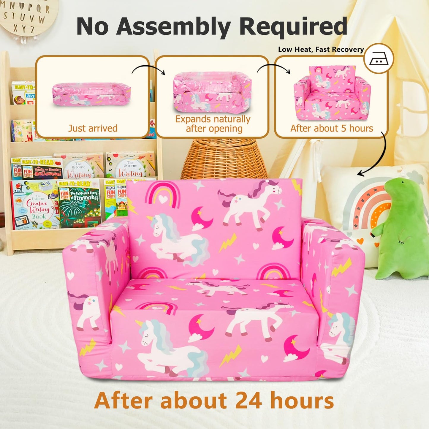 Beavtaens Kids Couch, 2-in-1 Kids Fold Out Couch, Convertible Sofa to Lounger for Girls and Boys, Soft Toddler Chairs Comfy 1-3 Years Old - Light Pink