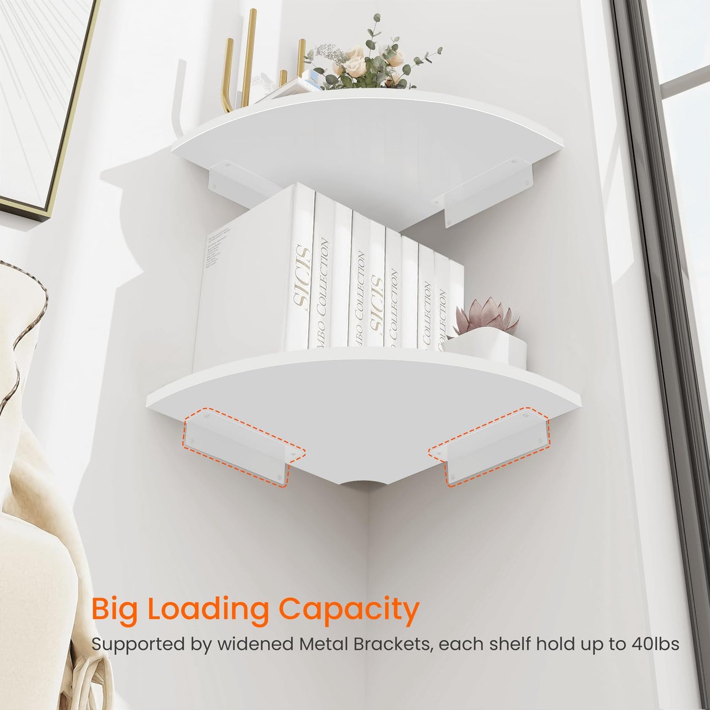 Homode Corner Wall Shelf, 12 in Wide Rounded Corner Shelf Floating, Set of 2 Wooden Hanging Corner Shelves with Wire Hole for Bathroom Living Room Office, White