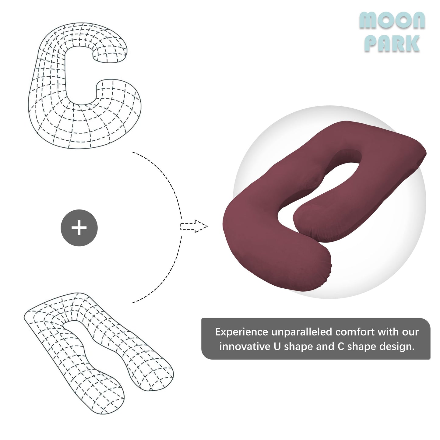 MOON PARK Pregnancy Pillows for Sleeping - U Shaped Full Body Maternity Pillow with Removable Cover - Support for Back, Legs, Belly, Hips - 57 Inch Pregnancy Pillow for Women - Burgundy