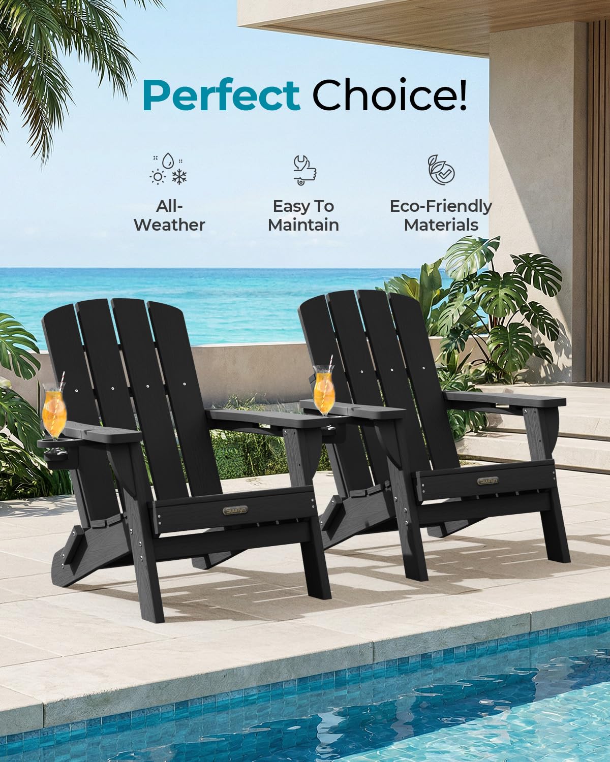 SUUNYN Folding Adirondack Chair, HDPE Adirondack Chairs with 2 Cup Holder, Plastic All-Weather Fire Pit Chairs, Outdoor Lawn Chair for Patio Garden (Black)