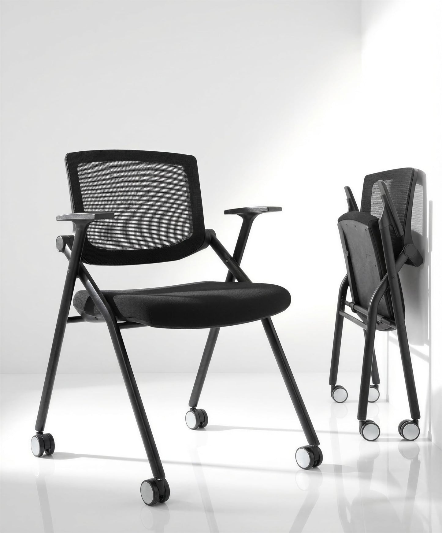 BROBRIYO 2 Pack Stackable Conference Room Chairs with Wheels and Paddle, Ergonomic Mesh Back and Arms for Meeting, Conference, Reception, Training Room & Home Office Desk Folding Chairs