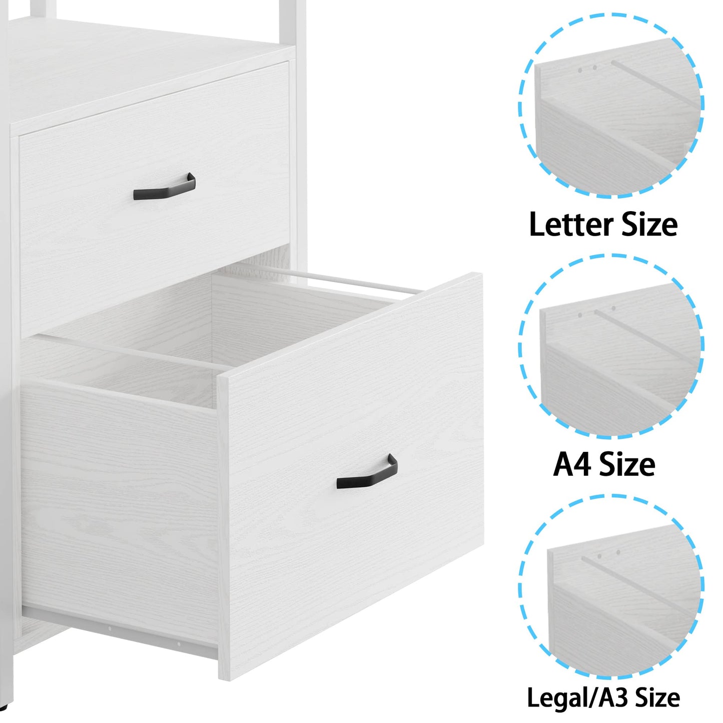 IRONCK Industrial Bookcase with File Cabinet Drawers, 71.6 in Tall Bookshelf 5 Tier, Freestanding Storage Home Office Cabinet Organizer, Rustic Home Decor, White