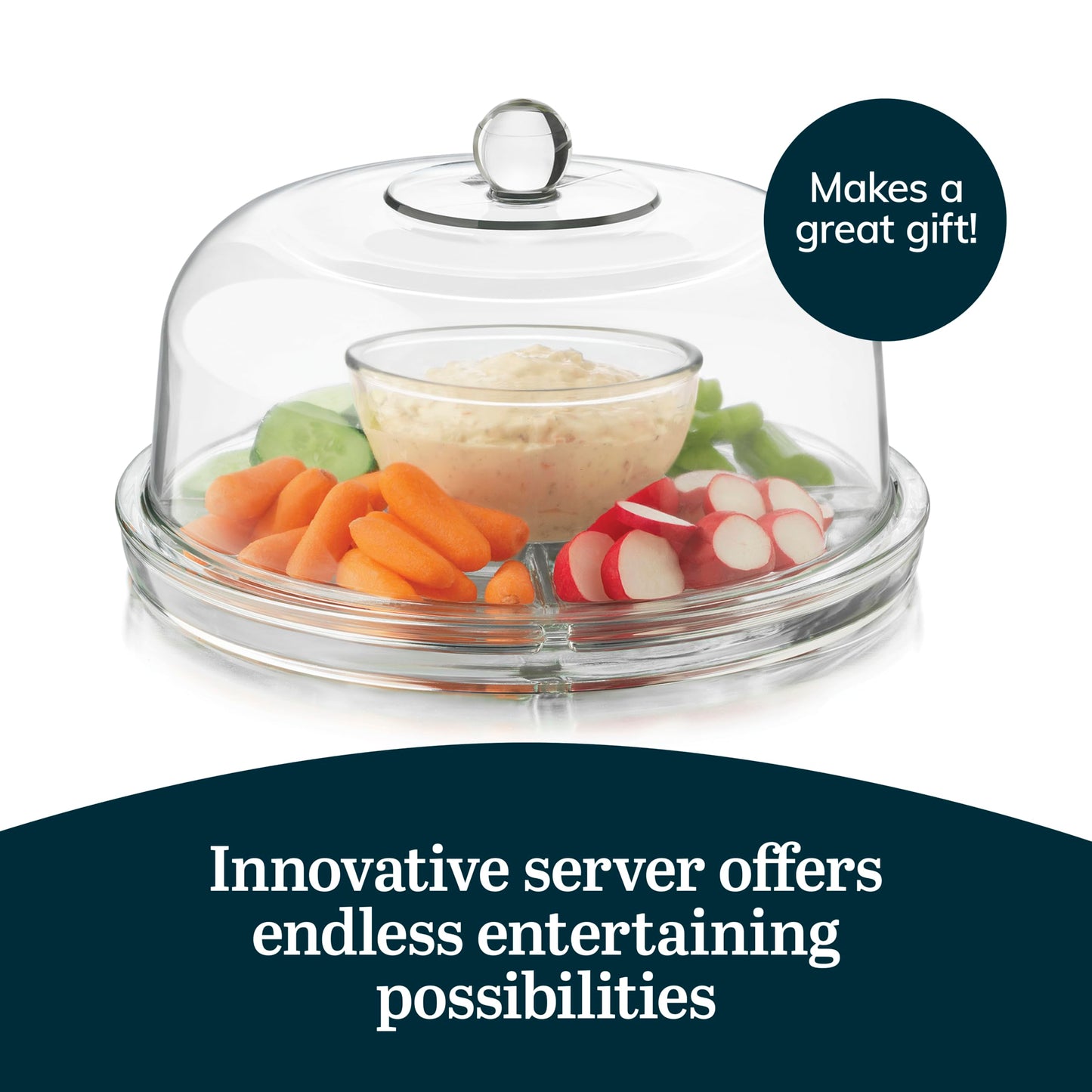 Libbey Selene 6-in-1 Domed Cake Stand, Unique Space Saving Glass Cake Stand with Dome, Multi-Purpose Dip Bowl To Serve Snacks and More