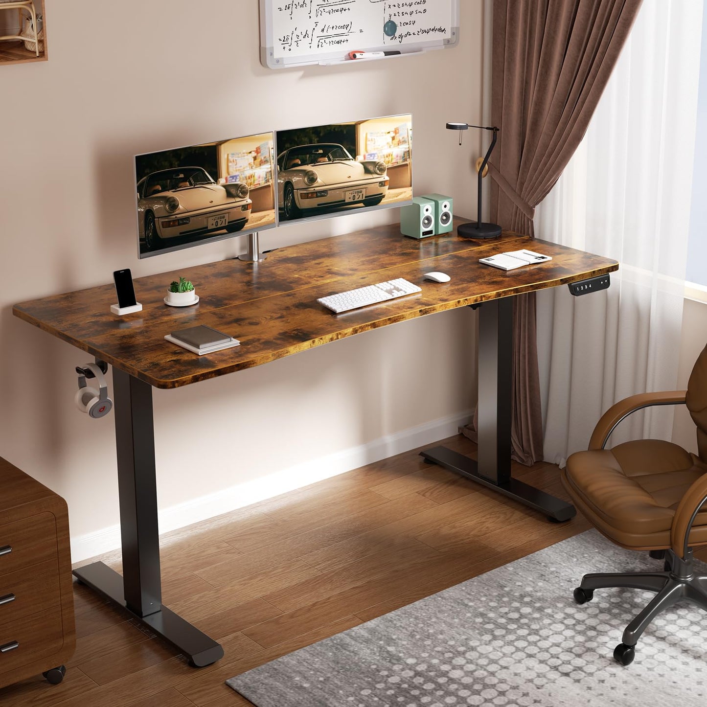Veken 55 x 28 Inch Electric Standing Desk, Sit to Stand Up, Work Home Office Computer Table for Study, Walking Pad, Writing, and Games, Wooden Desktop Desks, Brown