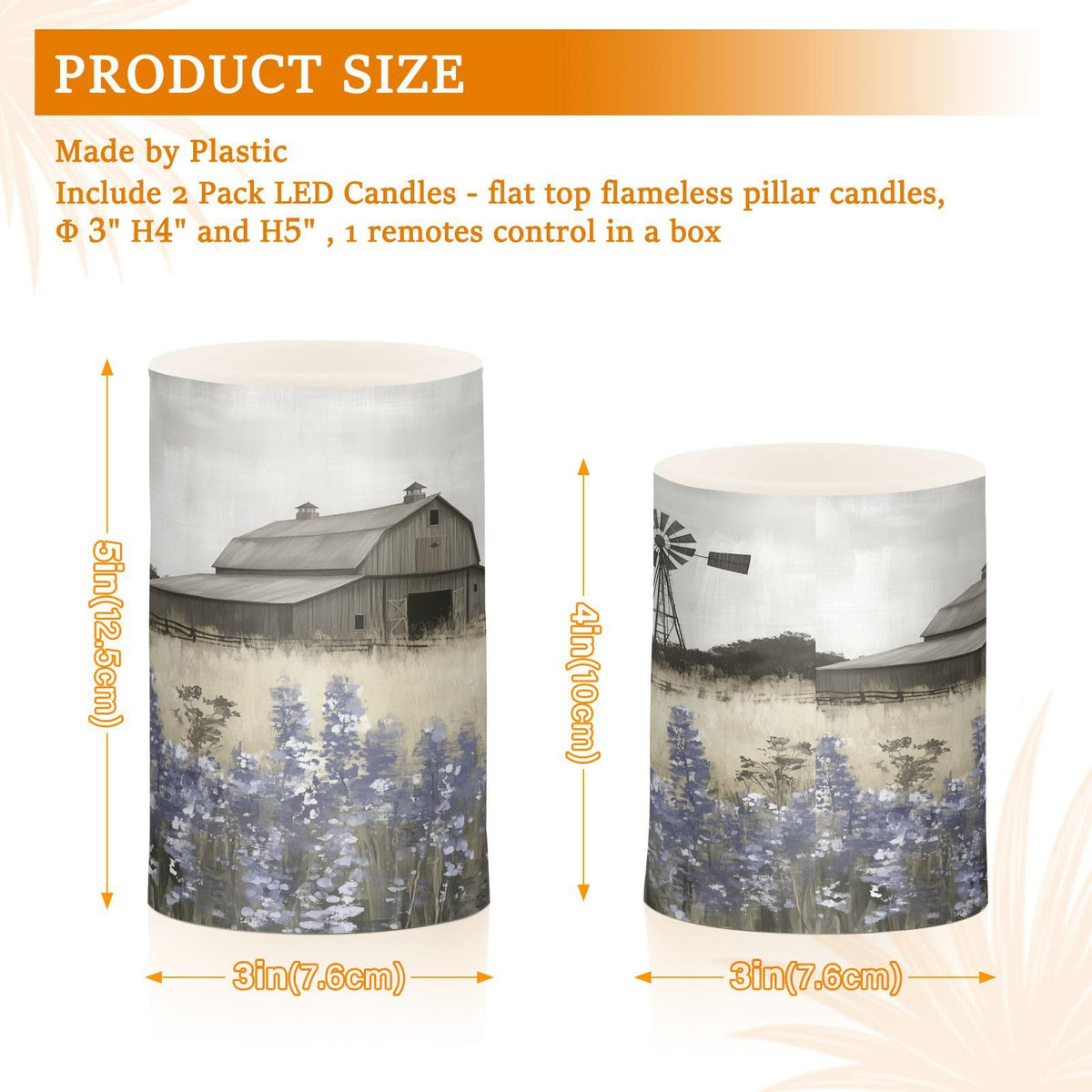 WEVIBOFU Farmhouse Landscape Wildflowers Barn Windmill Flickering Flameless Candles LED Battery Operated with Remote Timer Pillar Candles for Home Birthday Wedding Christmas Decor, Set of 2