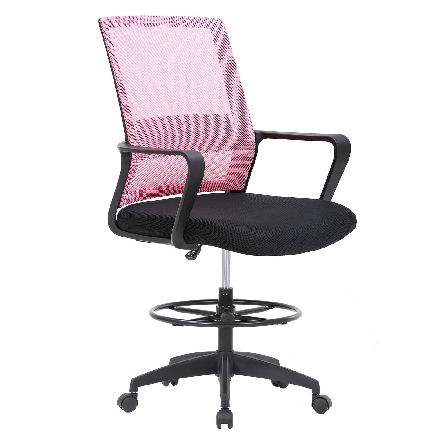 BestOffice Drafting Chair Tall Office Chair Adjustable Swivel Rolling Mesh Height with Lumbar Support Arms Footrest Mid Back for Adults Standing Desk Drafting Stool (Light Pink)