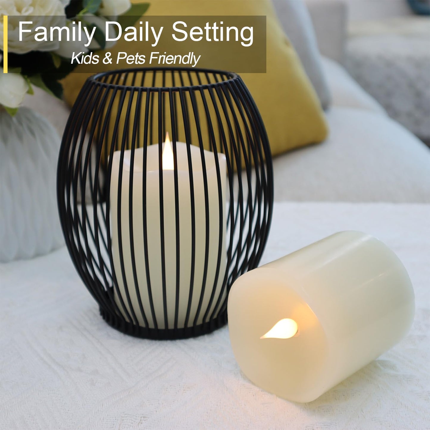 TECHLONG Flameless Candles Battery Operated with Remote Timer, 3D Moving Flame Flickering, Last 600+ Hours Battery Candles, 3" x 3" Ivory Real Wax Electric LED Candle for Wedding Party, Set of 2