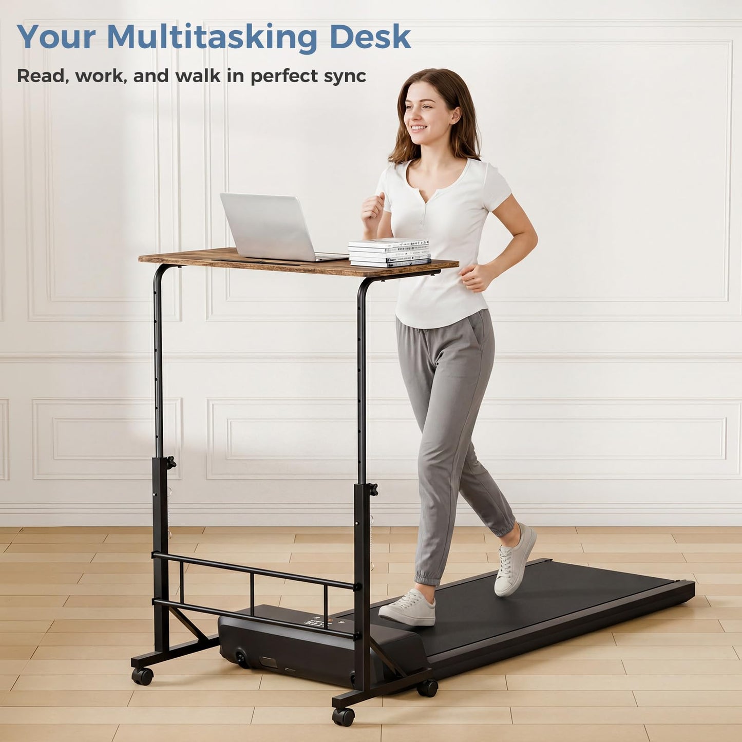 DUMOS 31.5" Adjustable Height Mobile Desk with Locking Wheels & Pin-Lock, Portable Workstation for Walking Pad & Active Home Office, Small Bedroom Desk, Rustic Brown