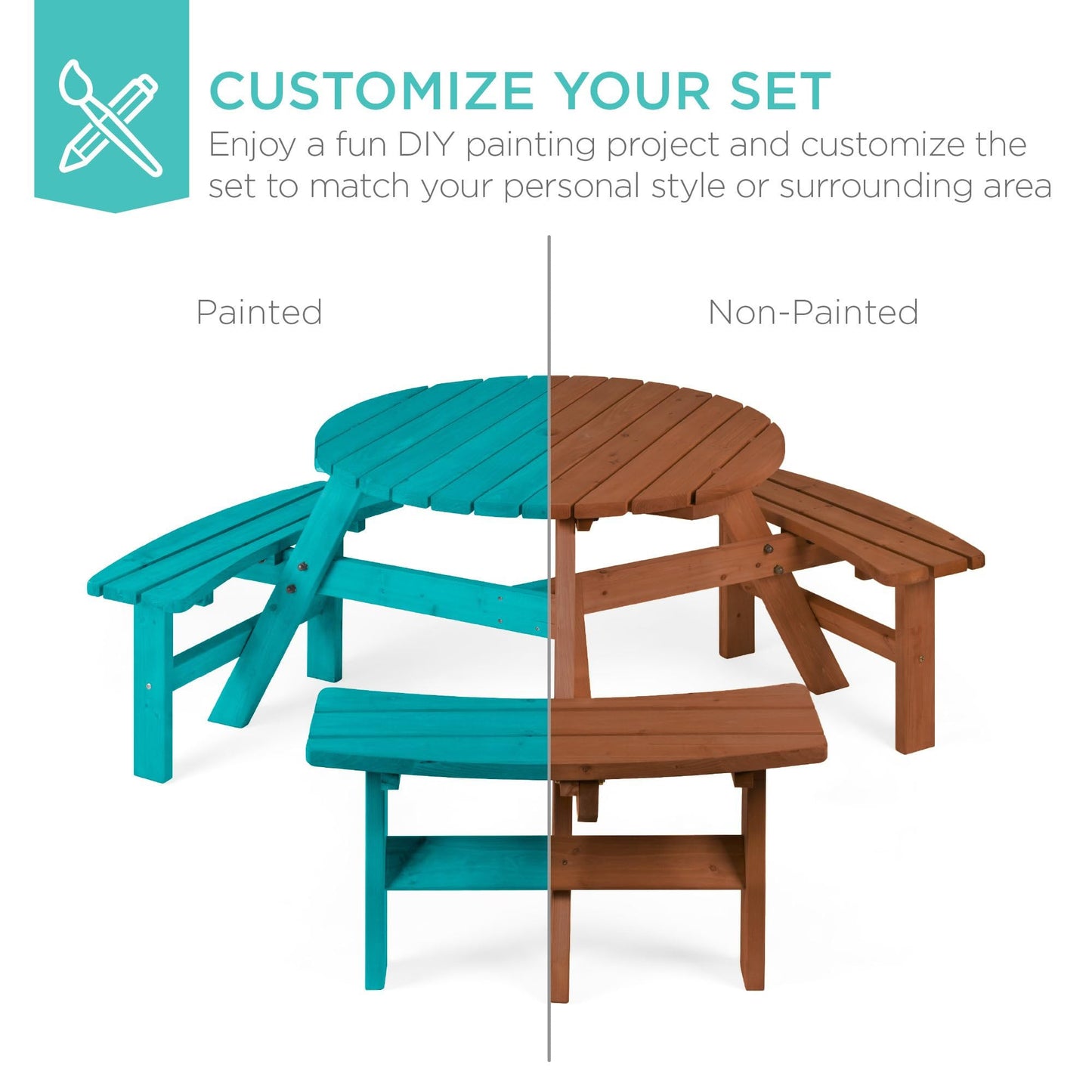 Best Choice Products 6-Person Circular Outdoor Wooden Picnic Table for Patio, Backyard, Garden, DIY w/ 3 Built-in Benches, 500lb Capacity - Acorn