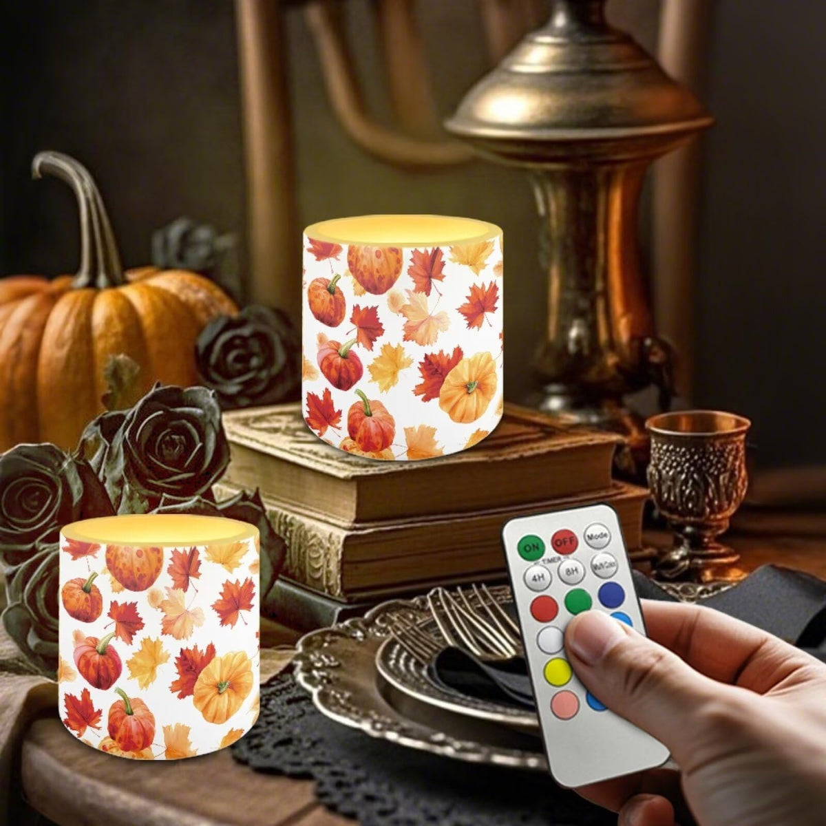 Cozeyat Fall Leaf LED Candles Set of 4 Battery Powered Flameless with Remote Timer Dancing Flame Waterproof for Home Garden Table Decor
