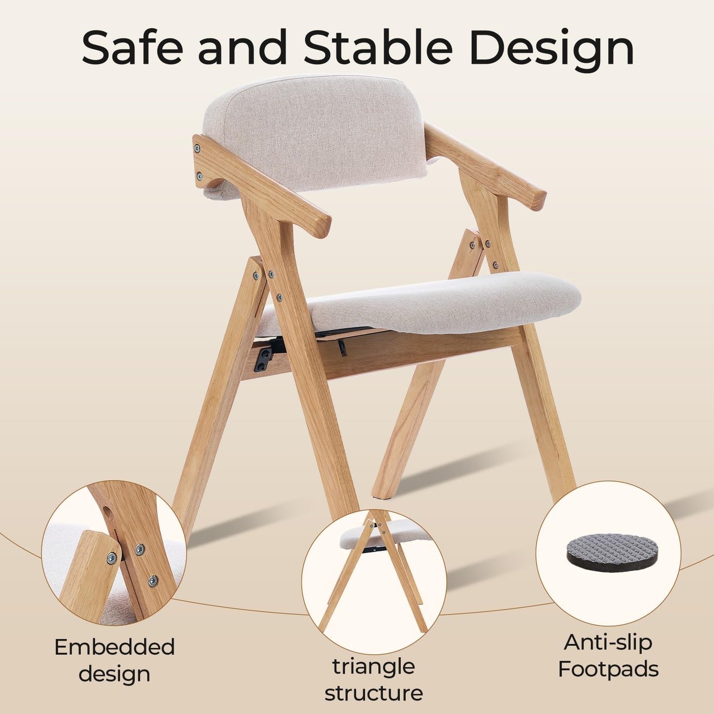 SinFurn Grod Folding Chairs with Padded Seats,Wooden Stackable Dining Chair,Easy to Store Foldable Dining Chairs for Kitchen, Living Room, Wedding Party Picnic (Beige)