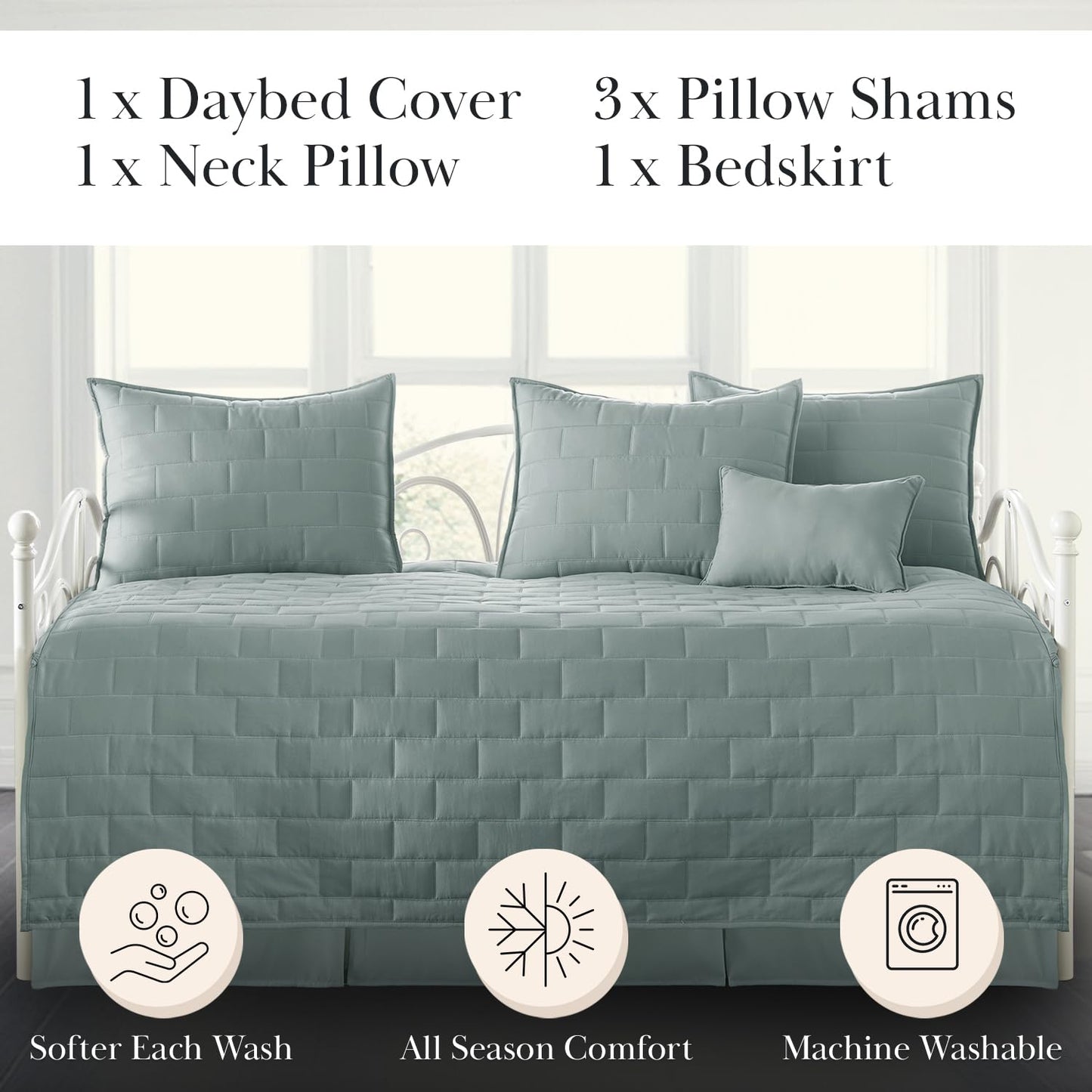 Southshore Fine Living, Inc. Twin Daybed Comforter Set, 6-Piece Twin Bedding Set with Daybed Cover, 3 Pillow Shams, Bed Skirt, Throw Pillow - Day Bed Quilt Set, Brickyard Teal