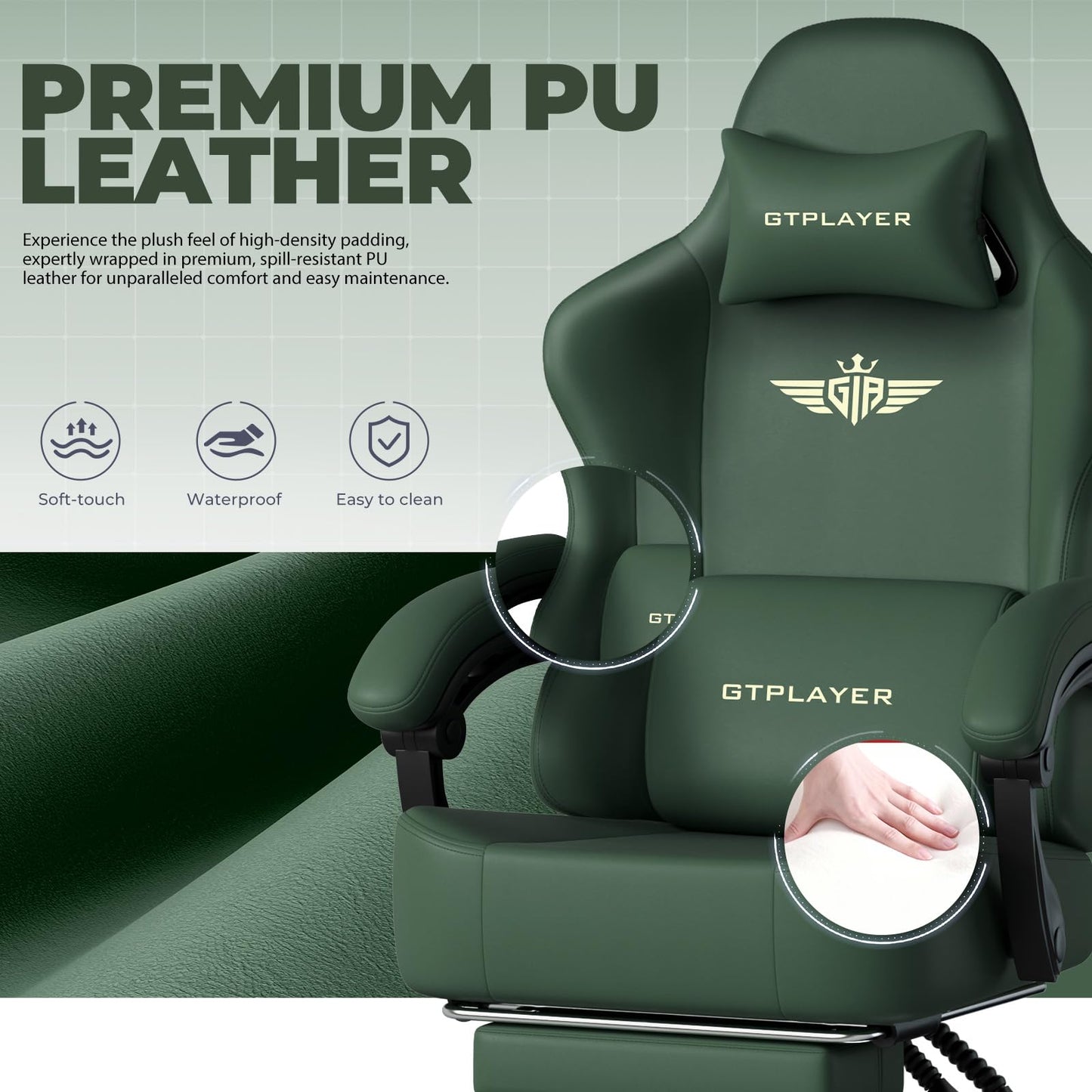 GTPLAYER Big and Tall Gaming Chair 400lbs Heavy Duty Office Chair with Footrest, High Back Pocket Spring Ergonomic Computer Chair for Adults, Wide Seated Cushion with Linkage Armrests, Leather Green