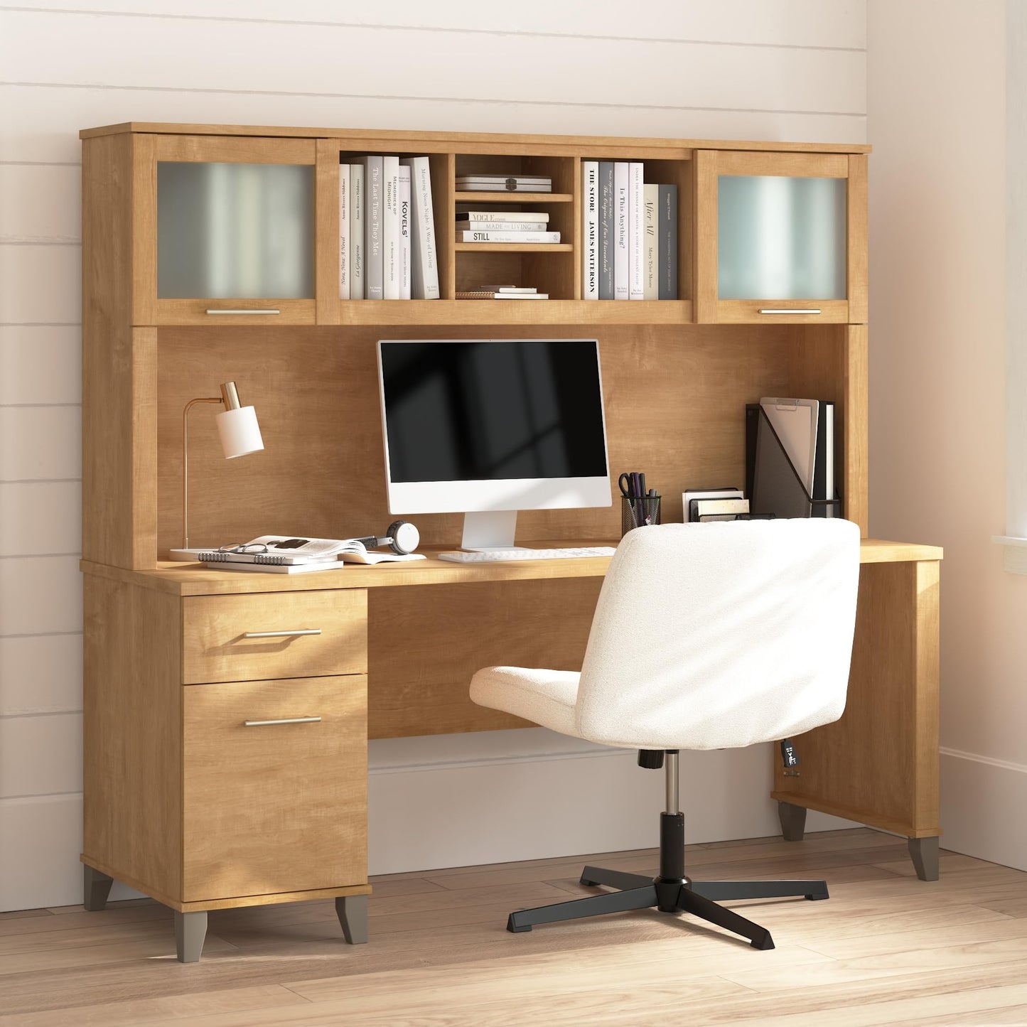 Bush Furniture Somerset 72W Office Desk with Drawers and Hutch in Maple Cross