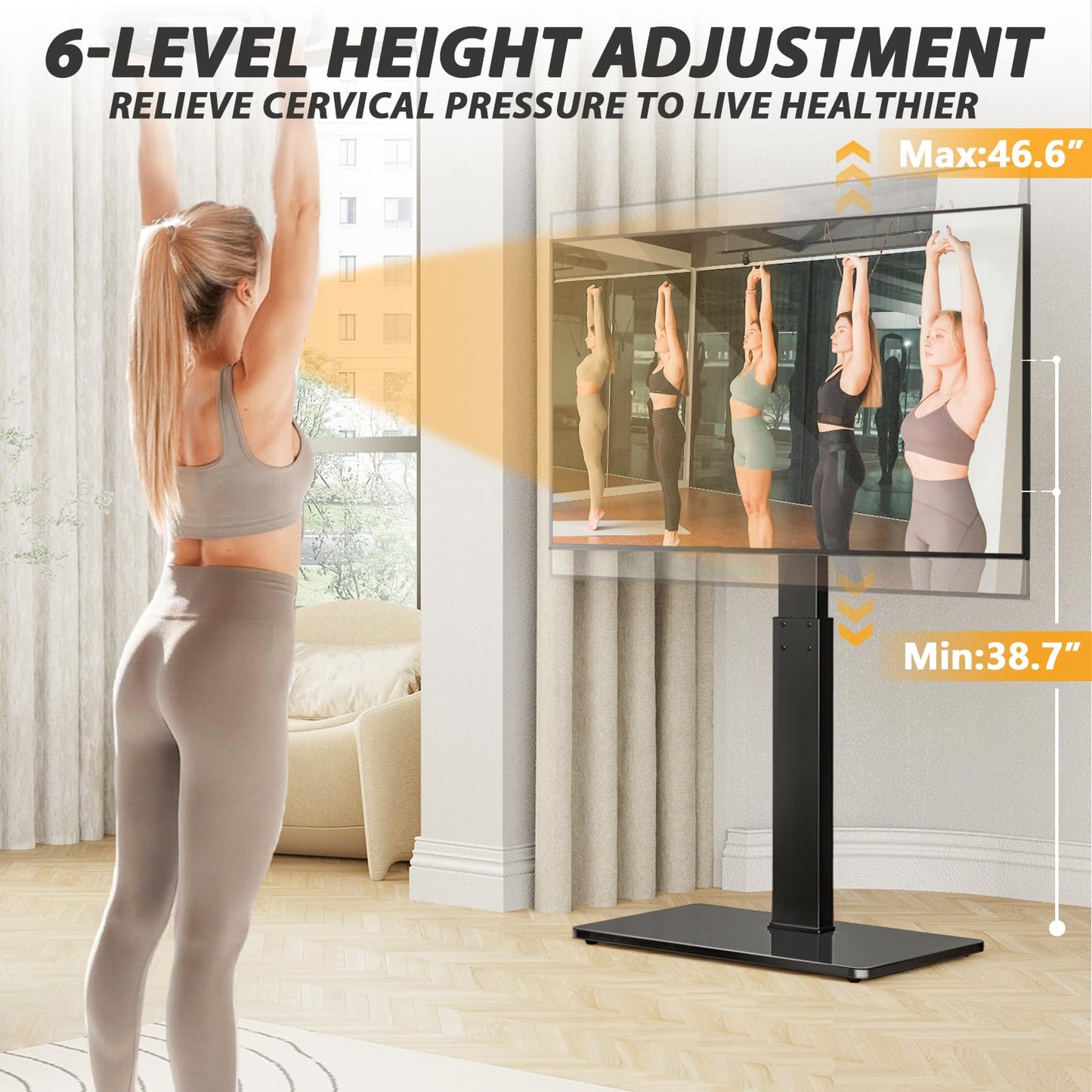 TAVR Universal Floor TV Stand Base for 32-75 Inch TVs up to 110 Lbs with Swivel Height Adjustable Mount, Black Tempered Glass Base for Media Storage and Space Saving