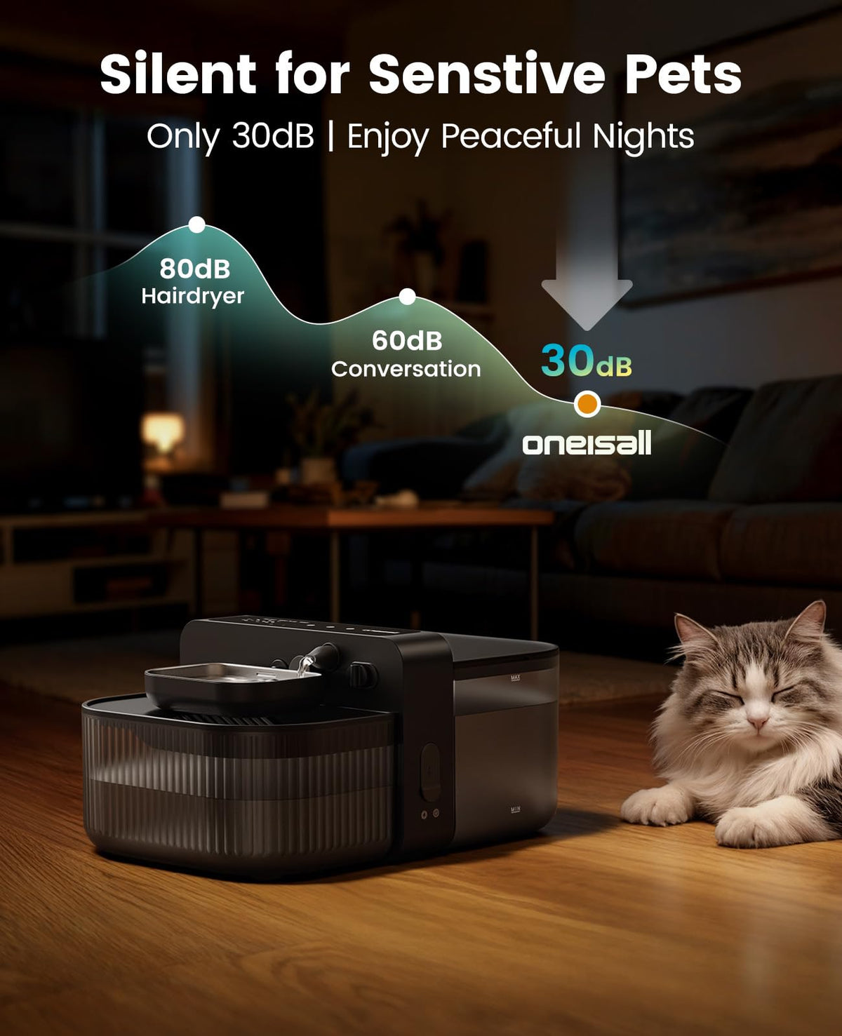 oneisall Wireless Filterless Cat Water Fountain, Separate Clean and Dirty Water Pet Fountain with Stainless Steel Bowl, 3.5L/118oz Quiet No Filter Smart FreshFill Automatic Cat Water Dispenser, Black