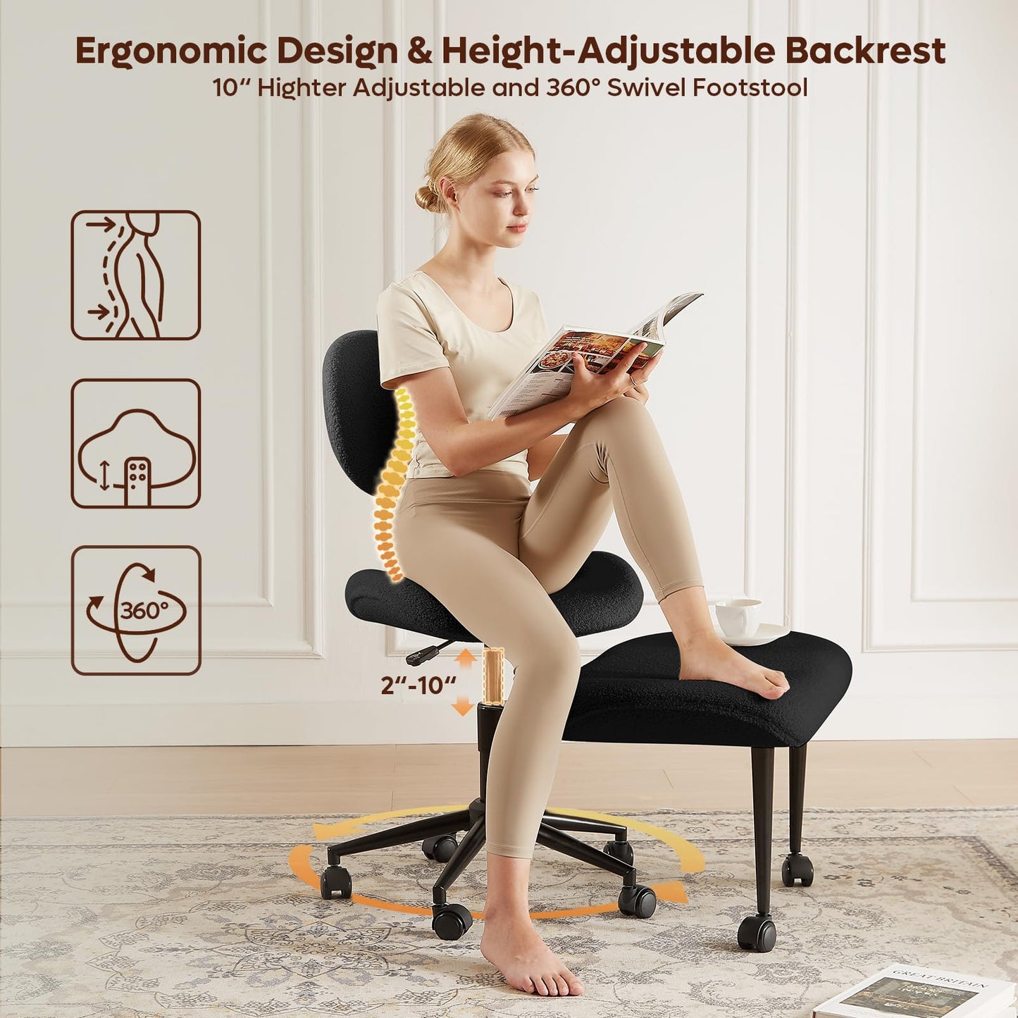 Cross Legged Office Chair with Wheels for ADHD, Ergonomic 360° Swivel Height-Adjustable Meditation Chair for Yoga, Wide Kneeling Chair with Strong Lumbar Support, Teddy Fabric, Black