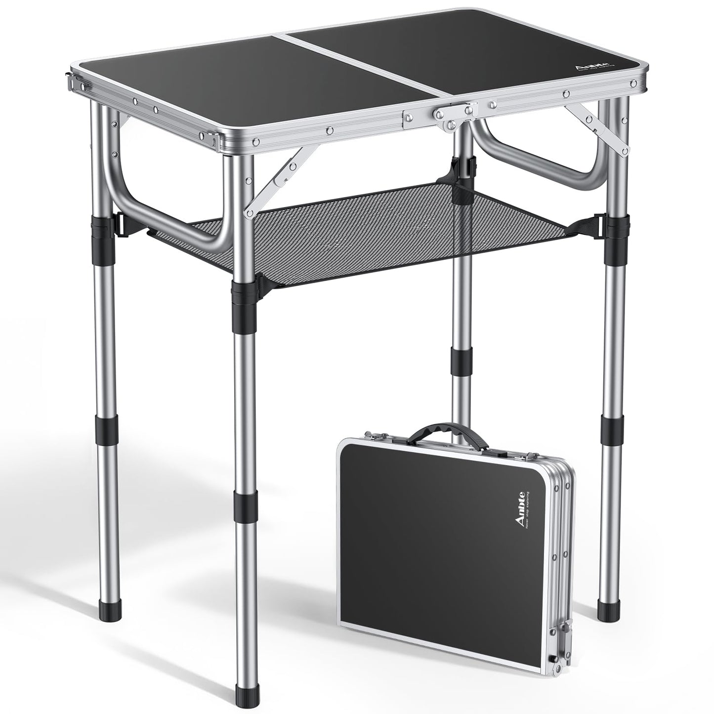 Anbte Folding Camping Table, Aluminum 24" x 16" Adjustable Height Small Folding Table with Carrying Handle, Lightweight, Portable Camping Table Waterproof for Outdoor Indoor Picnic Beach BBQ (Black)