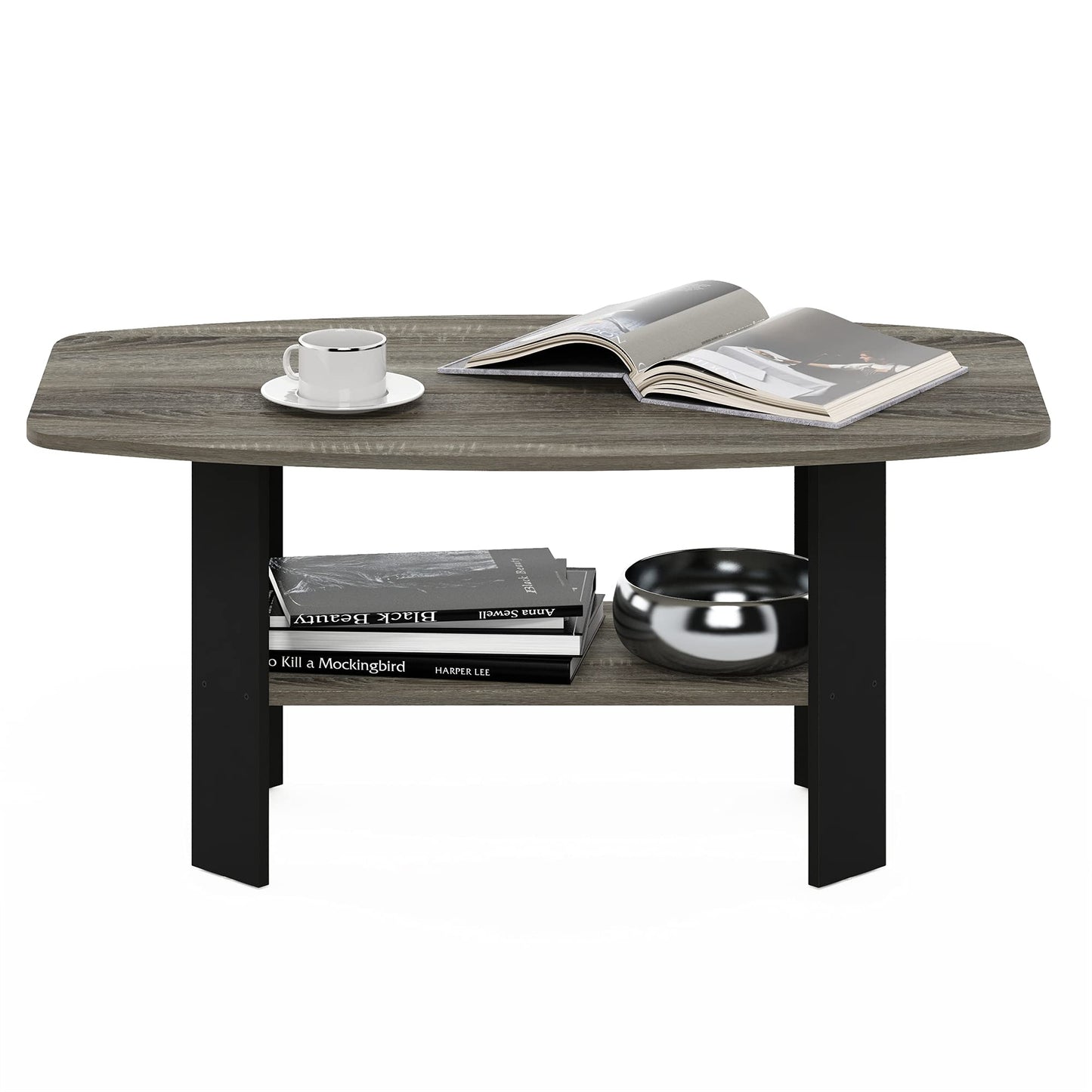 Furinno Simple Coffee Table, 2-Tier Small Coffee Table wih Open Shelf, Side Table, Tabletop with Soft Edges, for Living Room, Home Office, Grey Oak