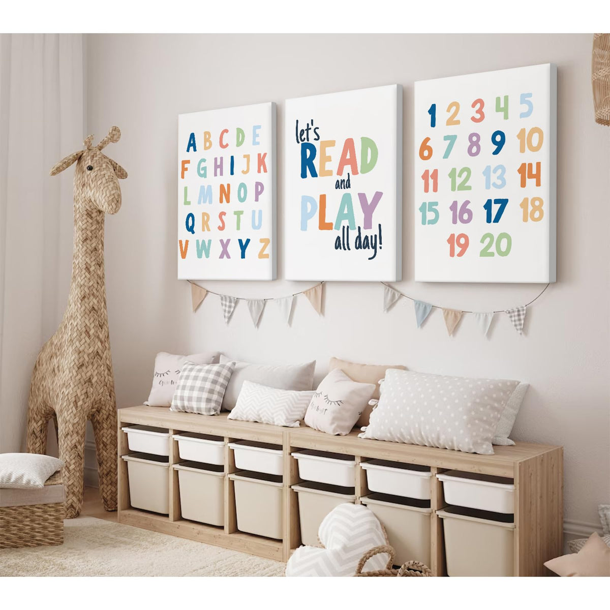 Kids Playroom Wall Art Decor Alphabet Poster Play Room Canvas Wall Decor ABC Nursery Wall Art 123 Toddler Poster Let's Read for Boy Girl Room 12x16 Inch Framed Set of 3