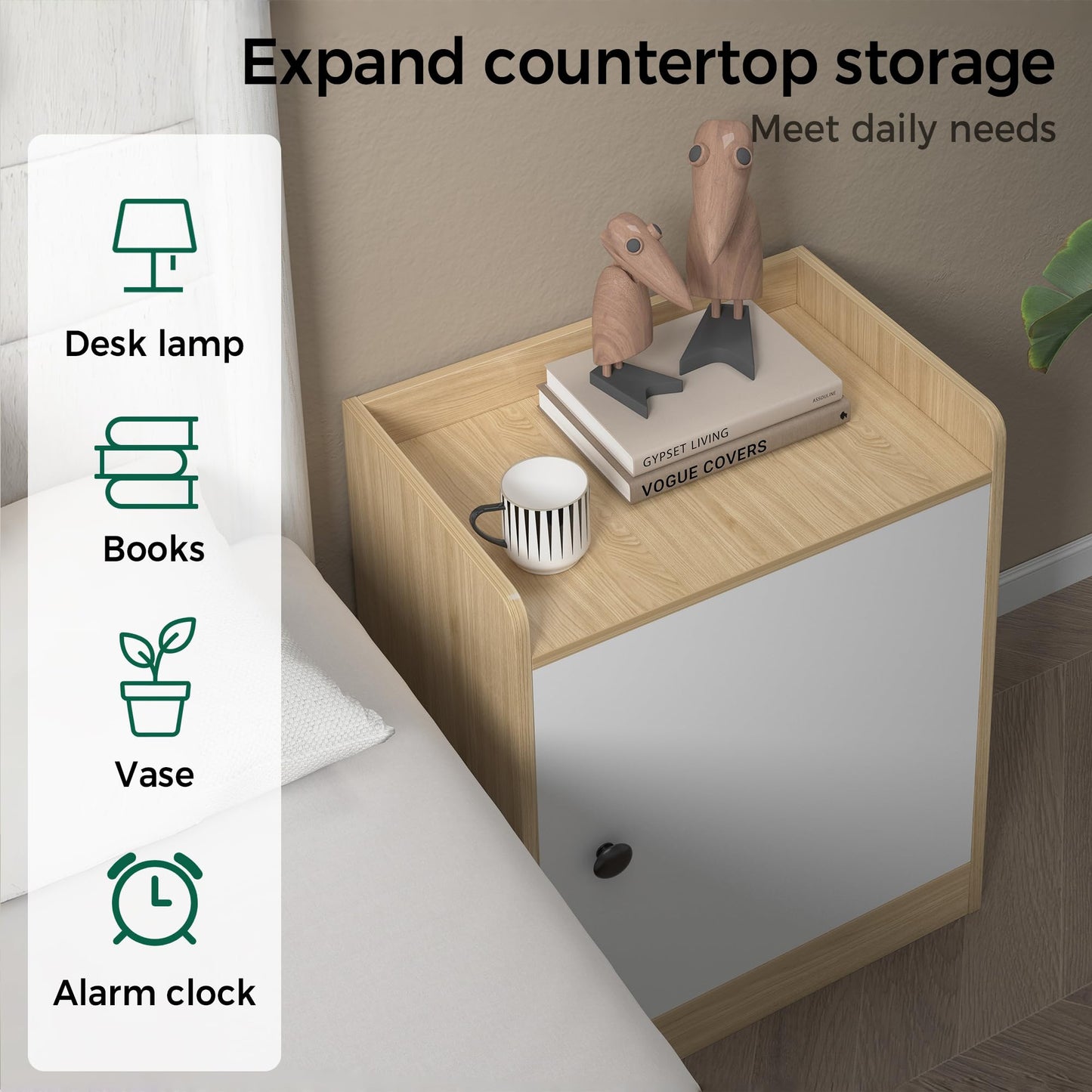 vie poetique Modern Wooden Nightstand, Durable, Elegant Design for Small Spaces, Wooden Night Stand Measuring 11.81" 15.74" 20.86", for Bedroom, Natural