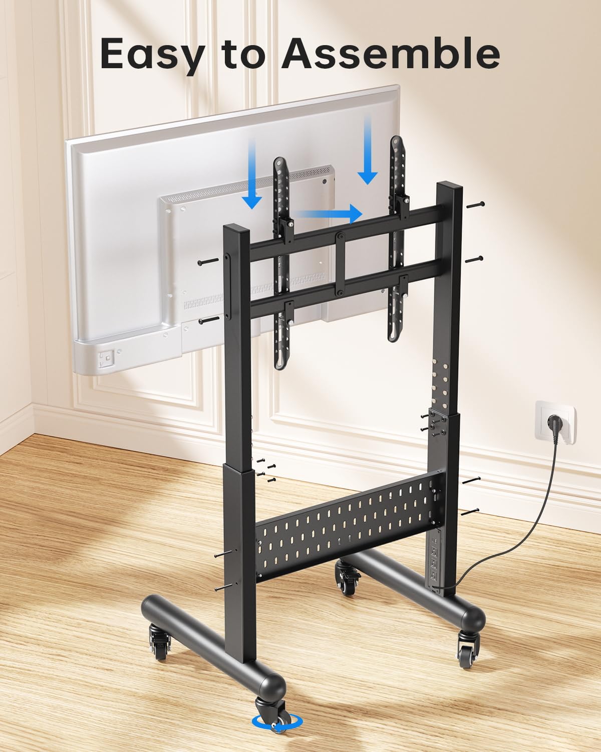Afaloona Commercial Rolling TV Stand with Power Outlet, Mobile TV Cart with Lockable Wheels for 32-65 Inch TVs up to 176 lbs, Height Adjustable with Pegboard Storage, Max VESA 600x400mm