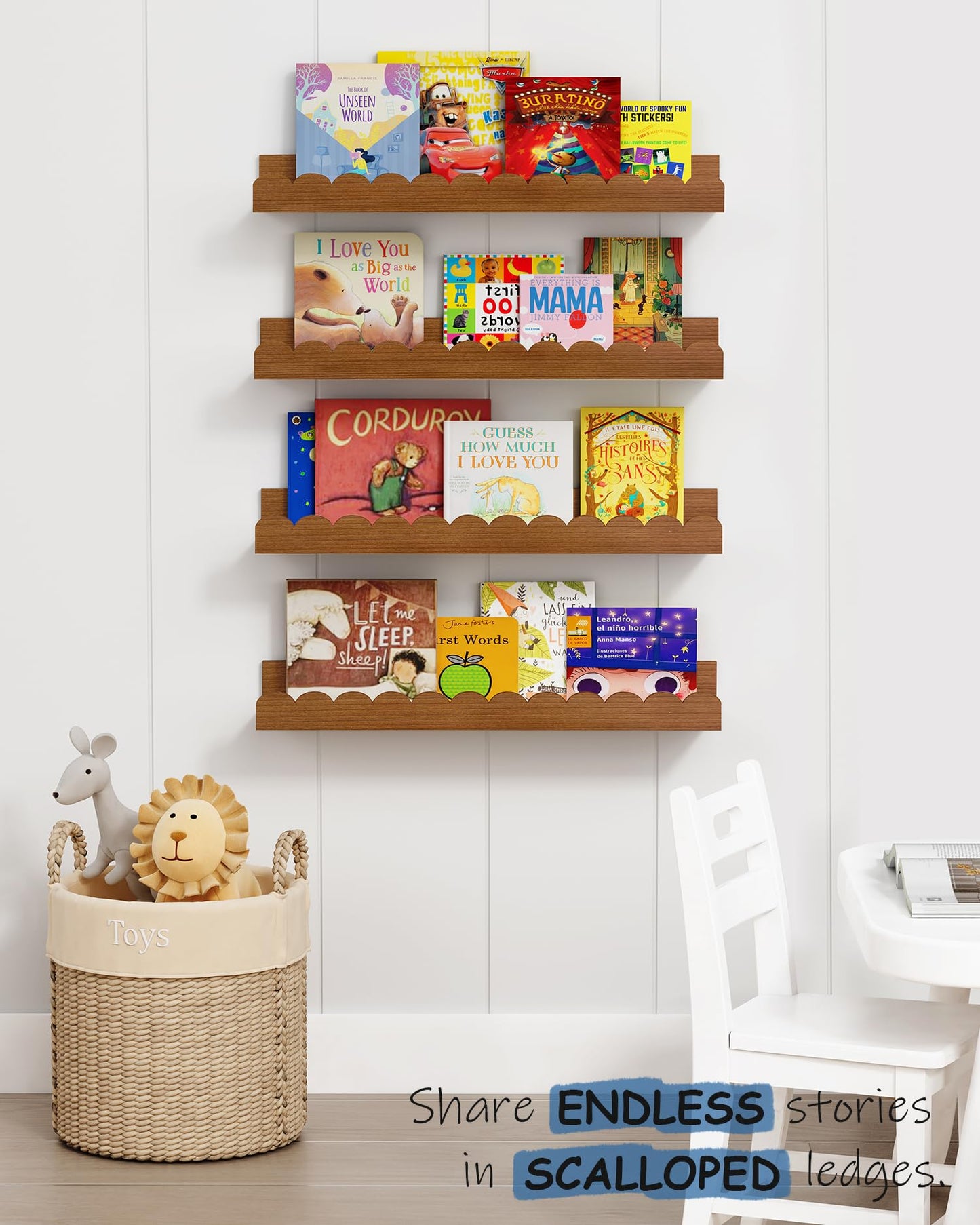Harwaya Walnut Nursery Book Shelves Wall Set of 4, Dark Wood Scalloped Floating Bookshelf for Wall, Cloud Wooden Hanging Shelving Unit for Kids Bedroom Baby Child Toddler Room Kitchen (Walnut Brown)