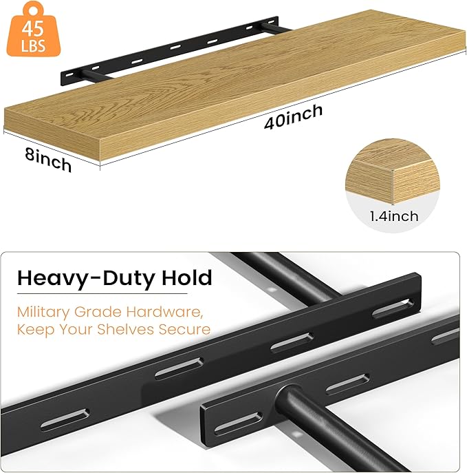 Fun Memories Floating Shelves for Wall, 40 Inch Long Set of 2 Rustic Wood Wall