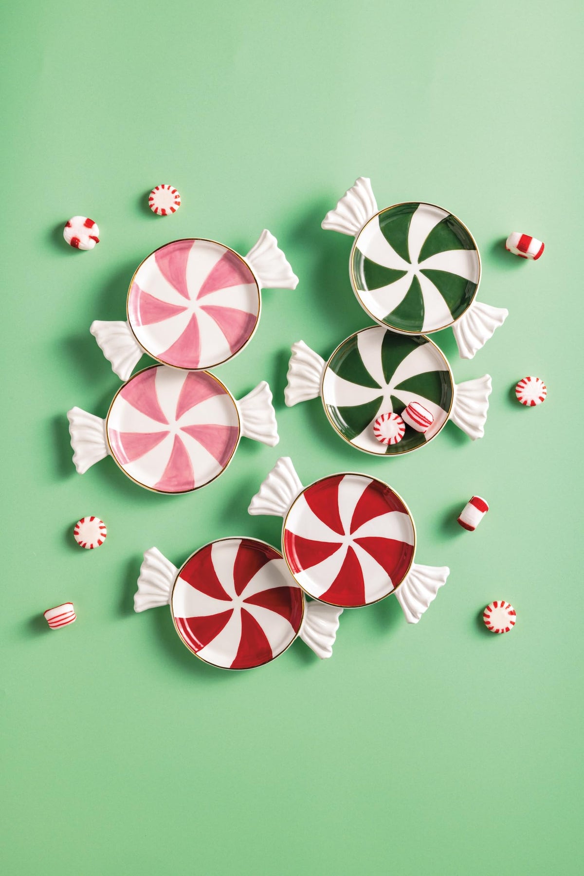 Mud Pie Christmas Green Peppermint Tidbit Plate Set of 2
