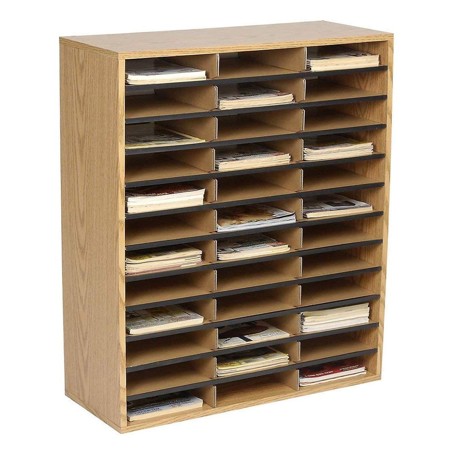 Safco Literature Organizer, 36 Compartments, Office and Classroom Mailbox with Adjustable Shelves, Wood Paper and Mail Sorter, Medium Oak