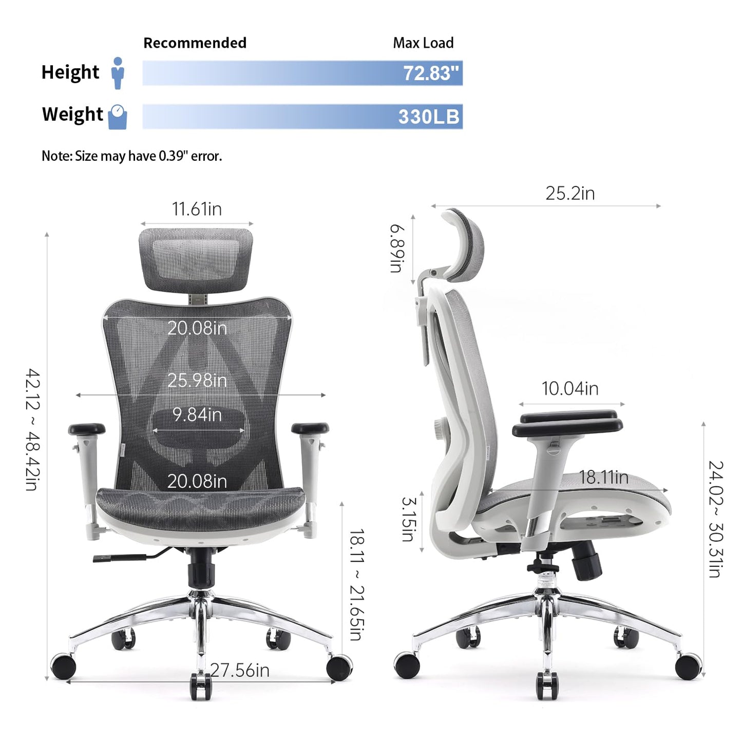 SIHOO M57 Ergonomic Mesh Office Chair, High Back Home Desk Chair with 3D Armrests, Lumbar Support and Adjustable Headrest, Comfortable Computer Chair, Big & Tall Office Chair Hold 330 LBS-Light Grey