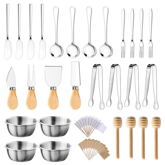 48 Pcs Charcuterie Boards Accessories Butter Spreader Knives Set Stainless Steel Cheese Mini Serving Tongs Spoons Forks Dipping Bowl Toothpick Flags Utensil for Pastry Making Wedding Christmas(Sliver)