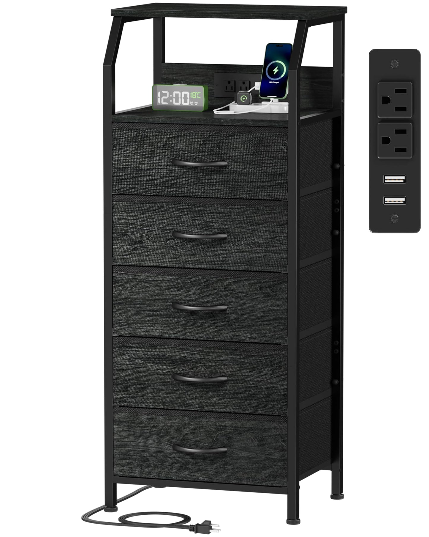 Furnulem 5 Drawers Dresser with Charging Station, Fabric Chest of Drawers with Open Shelf, Tall Night Stand, Bedside Table for Closet, Entryway, Bedroom Furniture, 3 Ways to Use, Black Oak
