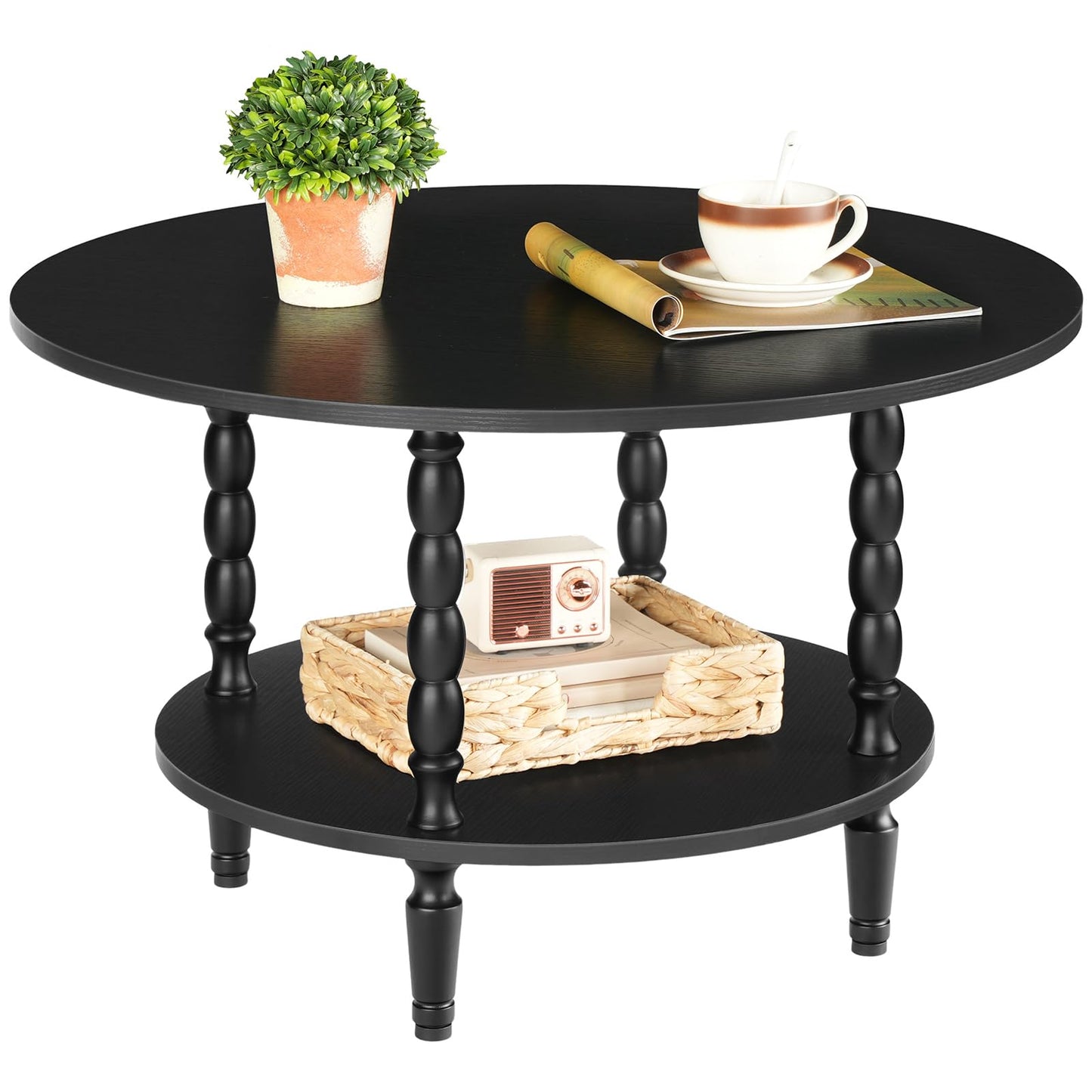 HOOBRO Coffee Table, 2-Tier Round Coffee Table, Mid-Century Modern Coffee Table for Living Room, Center Table with 2-Tier Open Storage Shelf, Home Office, Black BK75KF01