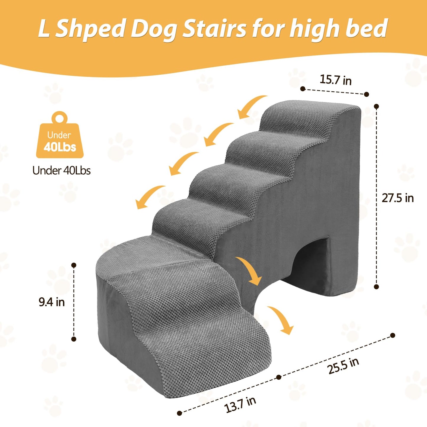 Dog Stairs for High Beds, 6 Steps Soft Foam Pet Stairs for Bed 27-30 inches, L Shaped Dog Steps, Non-Slip Sturdy Pet Stairs, 30D Foam Doggie Ramp for Small/Large Dogs/Old Cats