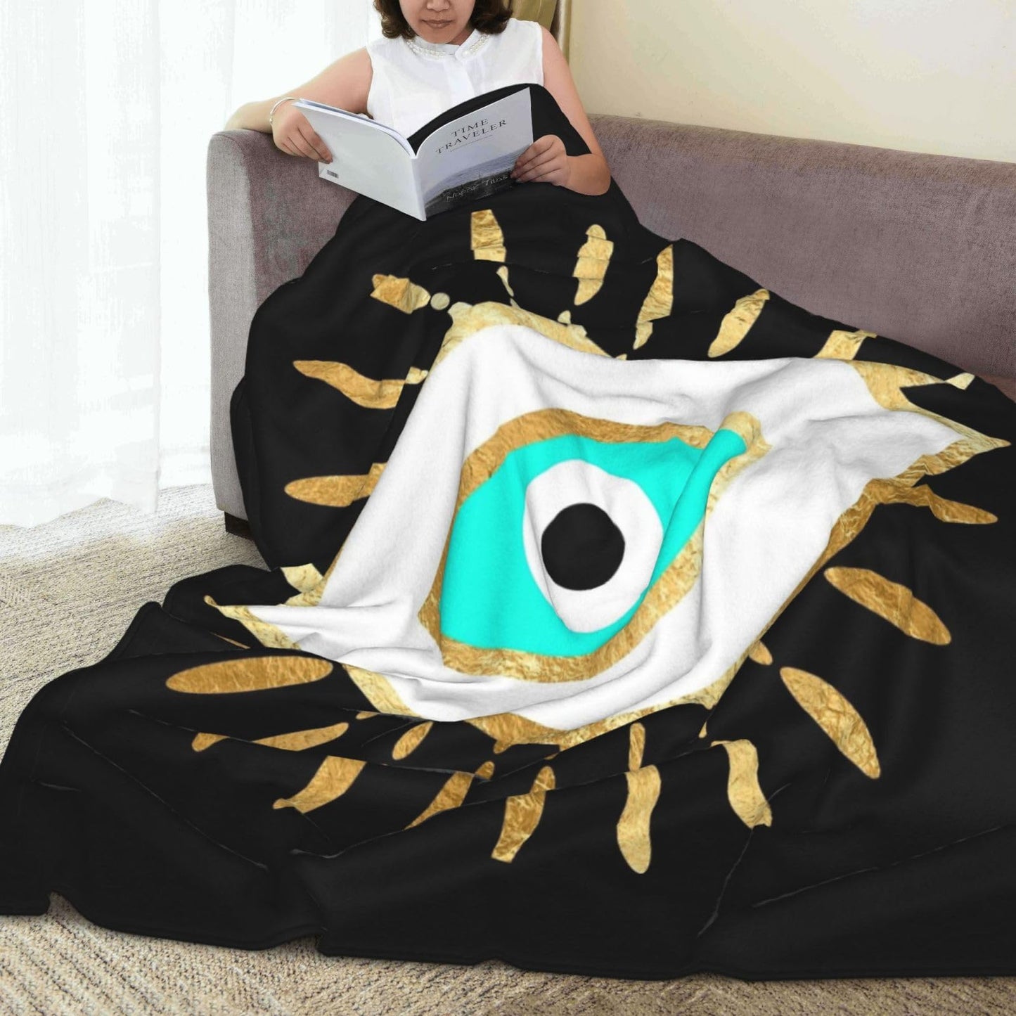 Hamsa Evil Eye Gold Foil Print Throw Blanket 50"X40" Lightweight Flannel Throws Blankets for Couch Bed Sofa Living Room Bedroom Home Decor,Soft Cozy Fluffy Fuzzy Plush Blanket for All Season