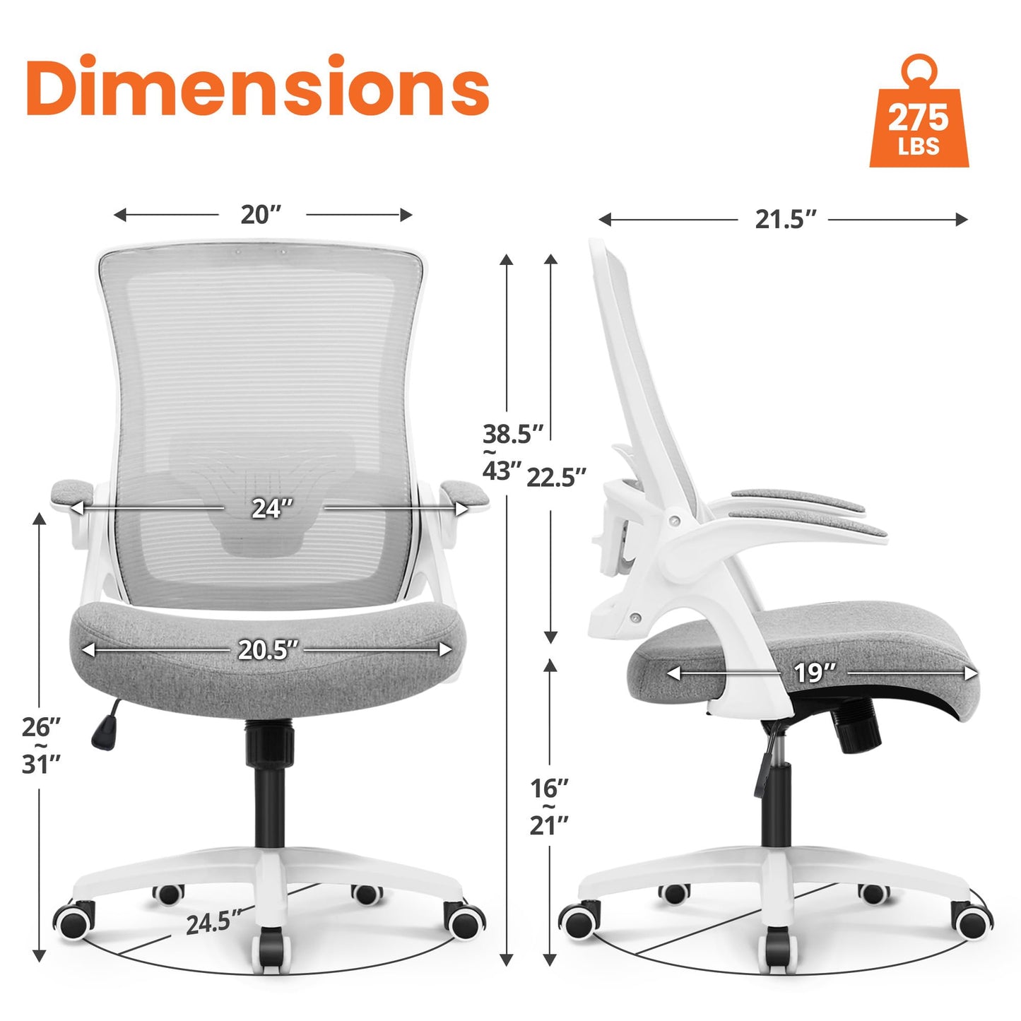 NEO CHAIR Office Desk Gaming Chair Computer High Back Mesh Seat with Rolling Wheels Ergonomic Adjustable Comfy Flip-up Armrests Lumbar Support Height for Home (Grey)
