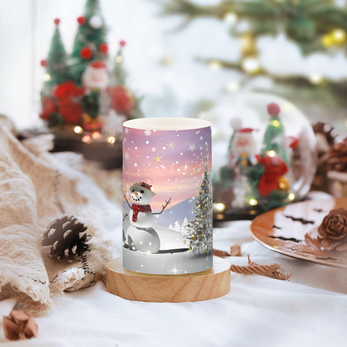 ALAZA Christmas Tree and Snowman Winter Snowflakes Flickering Flameless Candles Battery Operated with Remote Timer,Tea Light Candles LED Pillar Votive Candles Set of 2 for Outdoor Indoor Decorations