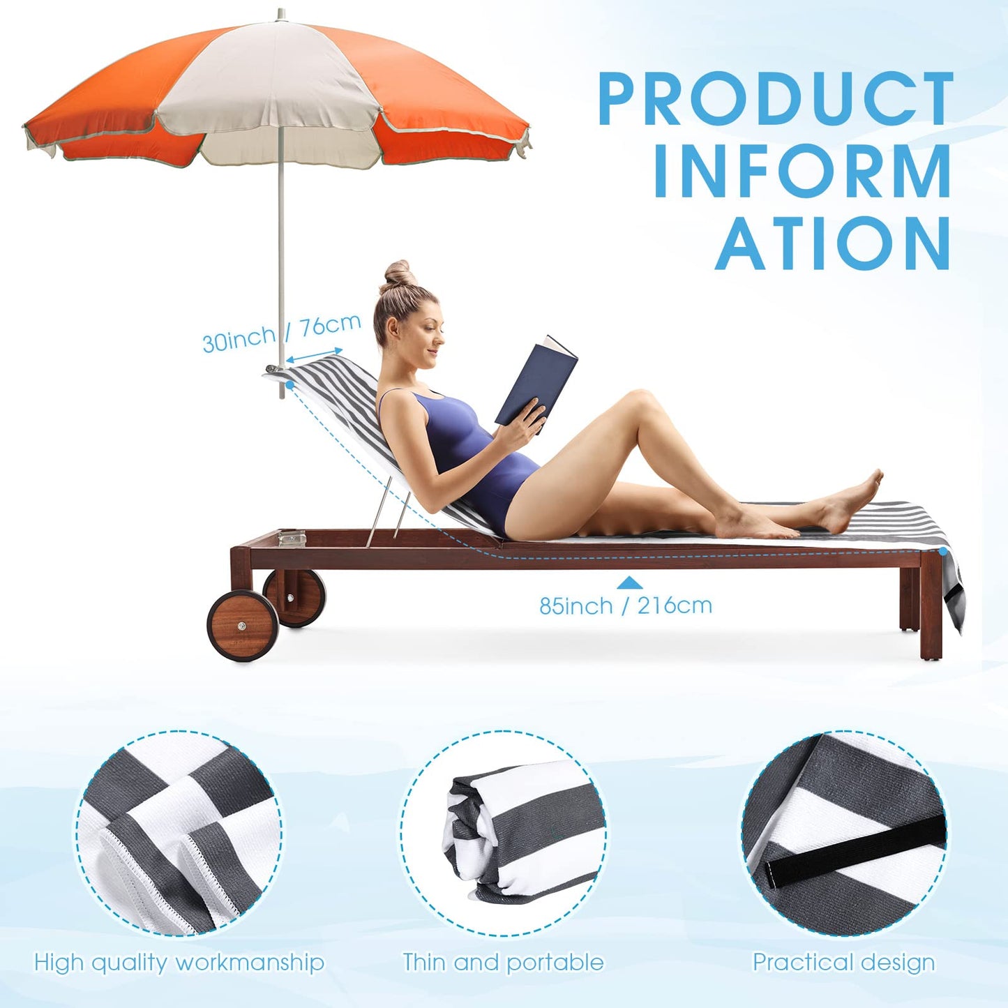 Fumete 2 Pack Summer Lounge Chair Cover 30 x 85 Inch Pool Chaise Lounge Towel Microfiber Spa Beach Chair Towel Portable Striped Outdoor Patio Furniture Cover for Sunbathing Picnic(Gray)