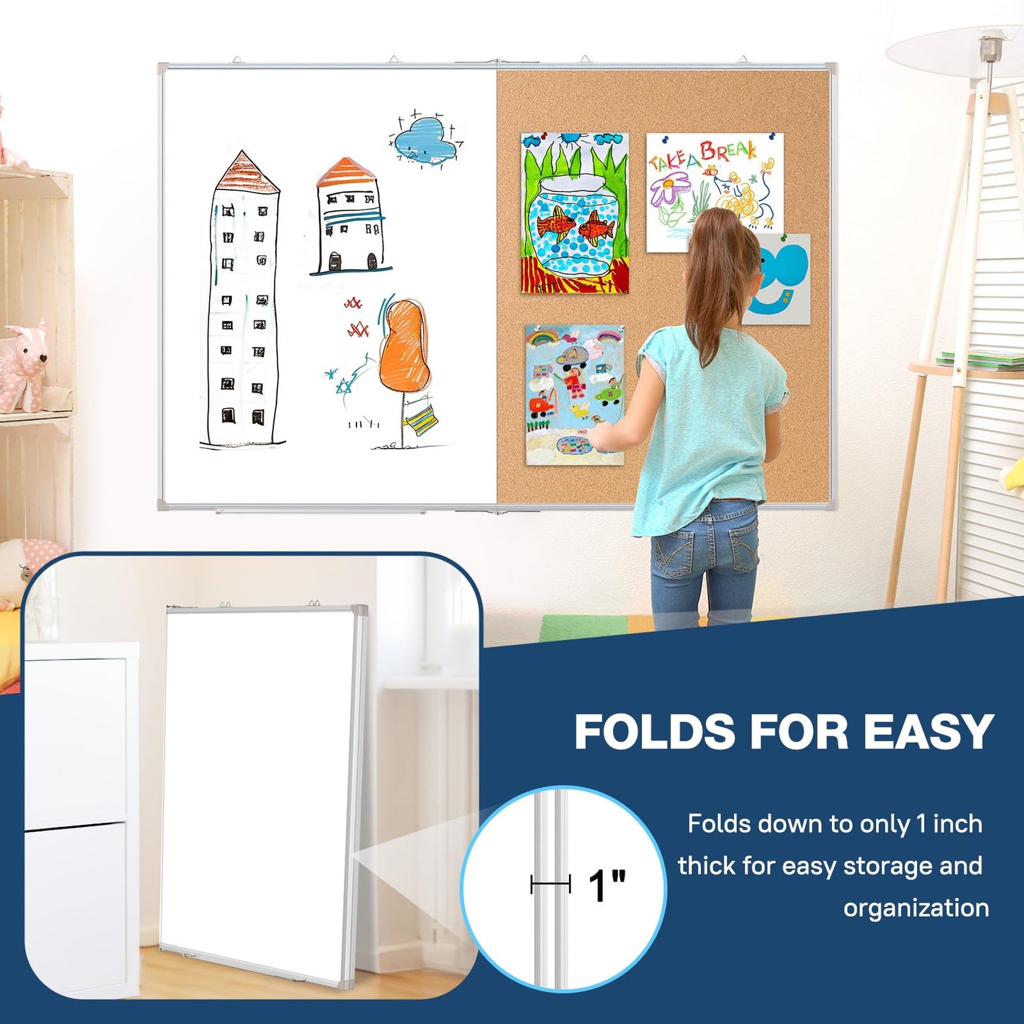 Large White Board Dry Erase Foldable Cork Board Combo, 48" x 36" Double Sided Dry Erase Board for Wall, Magnetic Whiteboard Cork Board Combination for Office, Home, School, Kitchen