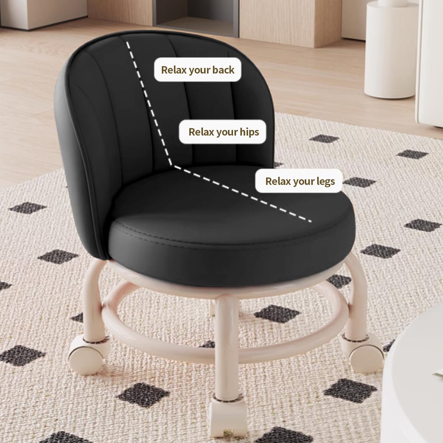 Sejone Low Rolling Stool with Backrest,Rolling Pedicure Seat,Low Stool with Wheels for Home, Office, Garage, Shop, Library (Black)